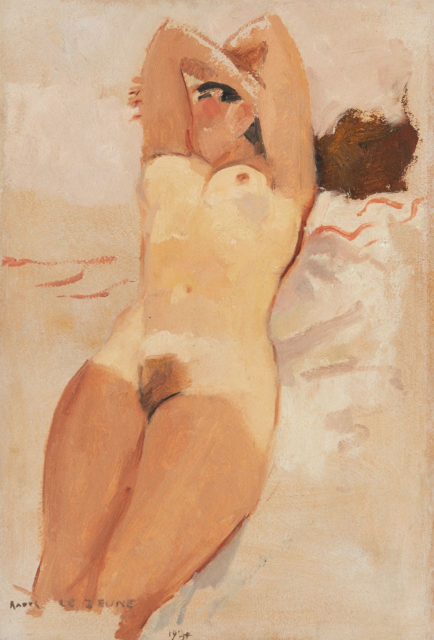 Lejeune R.  | Raoul Lejeune, Sonnenbadender Akt, Öl auf Leinwand auf Holz 50,5 x 34,2 cm, Unterzeichnet u.l. und datiert 1934