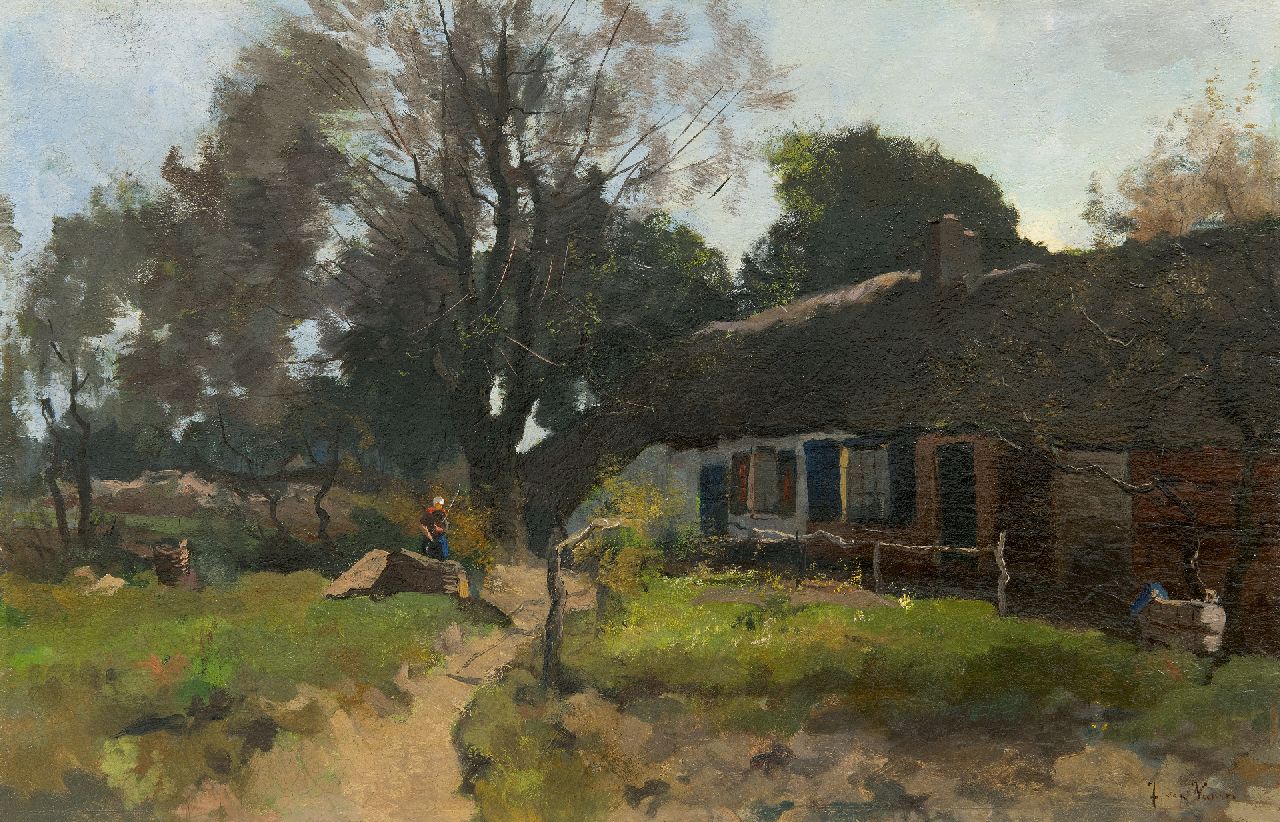 Vuuren J. van | Jan van Vuuren | Gemälde zum Verkauf angeboten | Bäuerin, die an Bauernhofhof arbeitet, Öl auf Holz 36,9 x 56,6 cm, Unterzeichnet u.r.