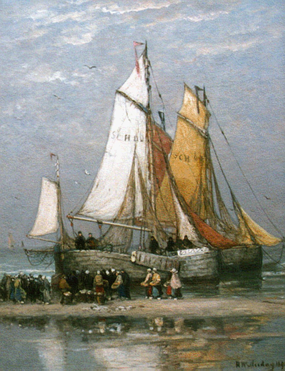 Mesdag H.W.  | Hendrik Willem Mesdag, 'Bomschuiten' and fisherfolk on the beach, Scheveningen, Öl auf Leinwand 88,5 x 69,5 cm, signed l.r. und dated 1895
