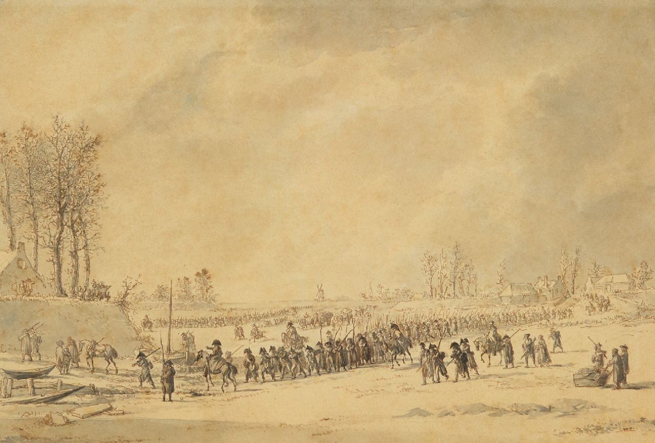 Langendijk D.  | Dirk Langendijk | Aquarelle und Zeichnungen zum Verkauf angeboten | Die Überquerung der gefrorenen Waal durch die Armee Napoleons im Jahre 1795, Tinte auf Papier 16,1 x 23,8 cm