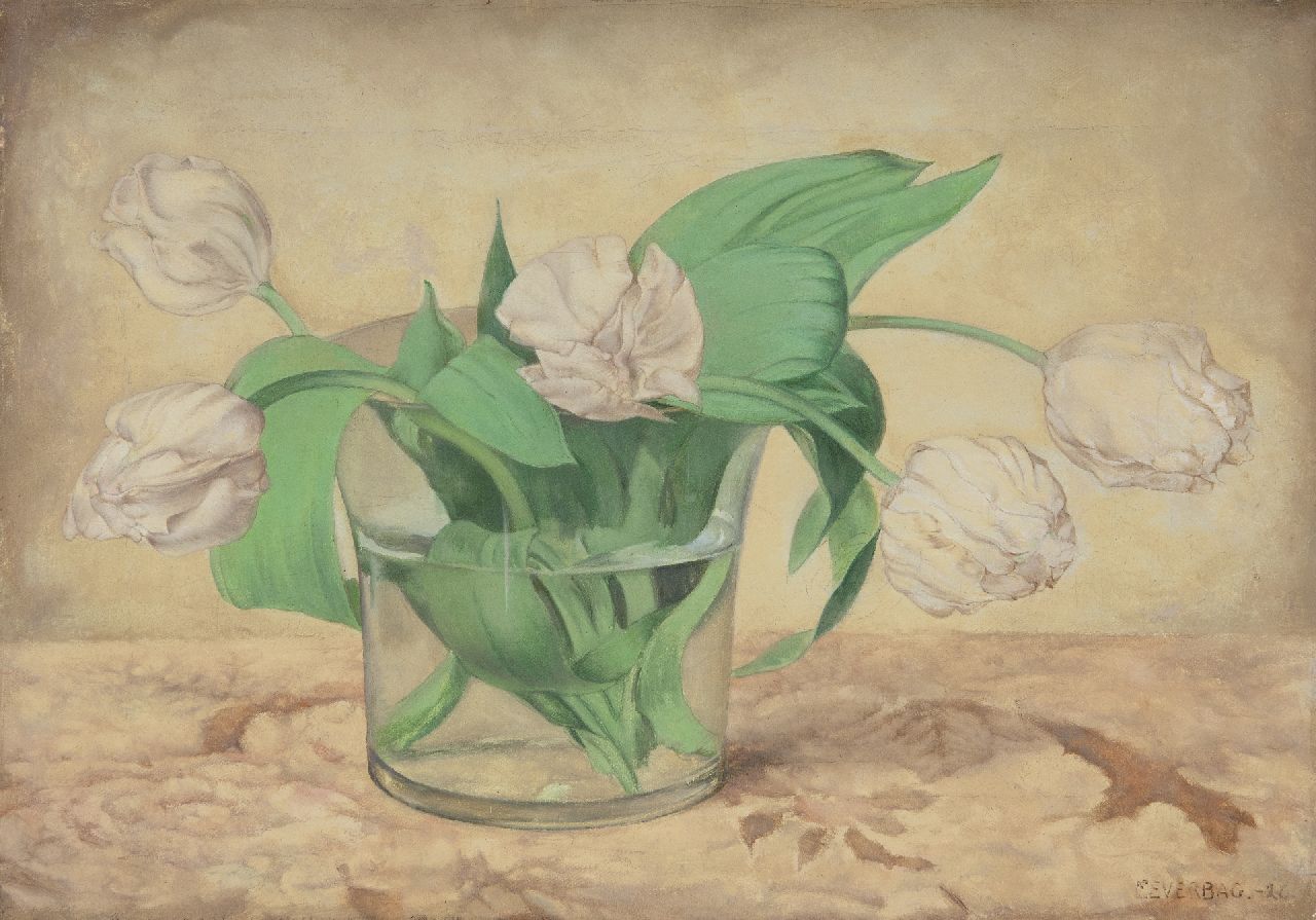 Everbag F.  | Franciscus 'Frans' Everbag | Gemälde zum Verkauf angeboten | Weiße Tulpen in Glasvase, Öl auf Leinwand 23,5 x 33,4 cm, Unterzeichnet u.r. und datiert '26