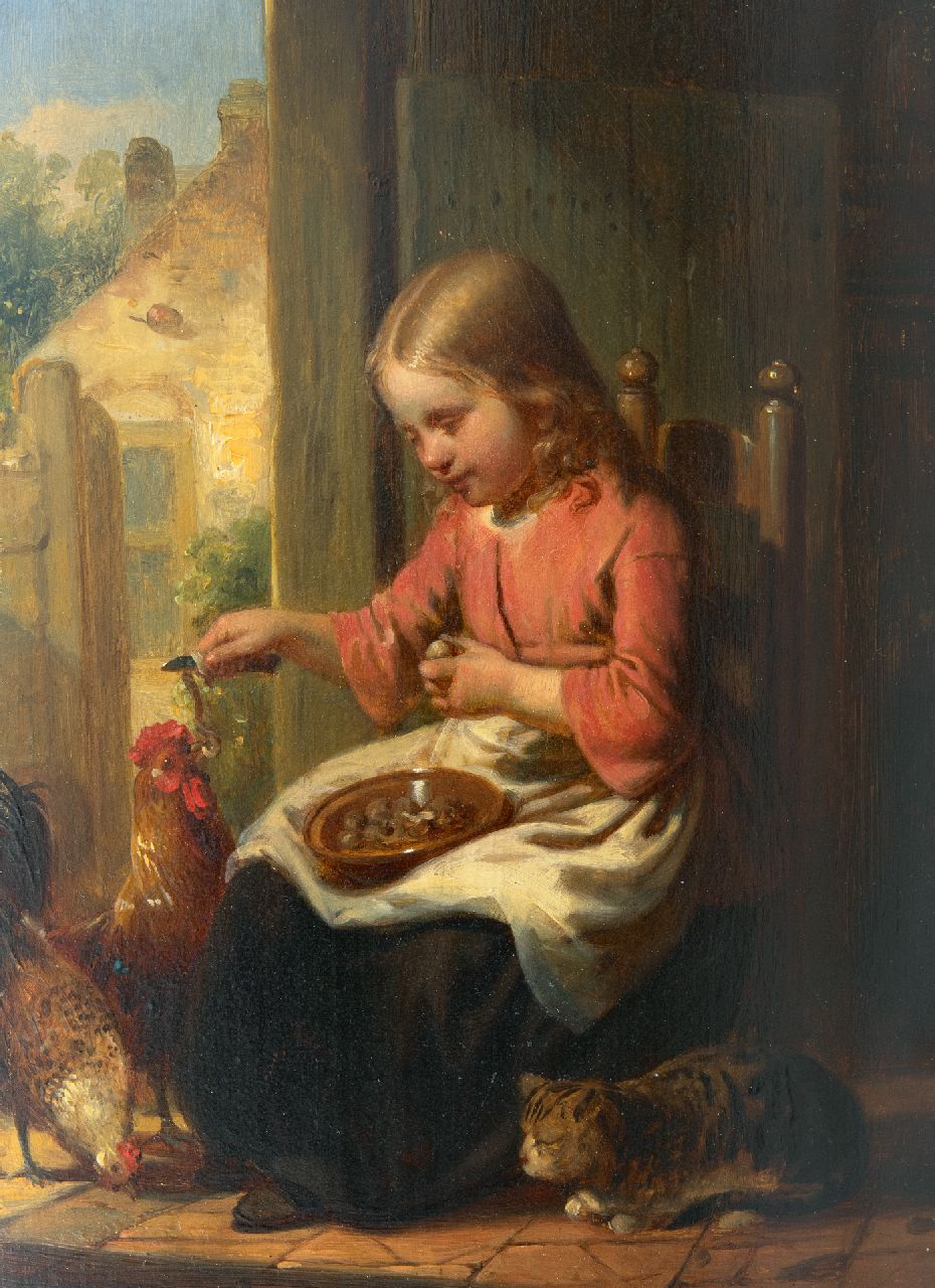 Canta J.A.  | Johannes Antonius Canta, Mädchen mit Katze und Hühnern, Öl auf Holz 26,0 x 19,0 cm, Unterzeichnet u.l.