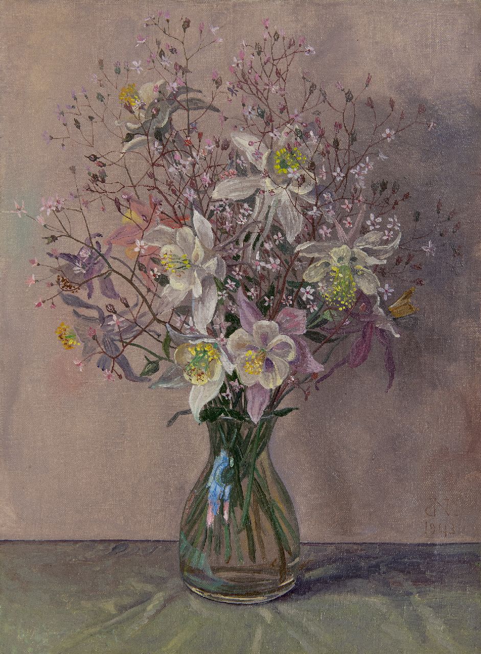 Nieweg J.  | Jakob Nieweg, Blumen in gläserner Vase, Öl auf Leinwand 40,3 x 30,4 cm, Unterzeichnet u.r. mit Monogramm und datiert 1943