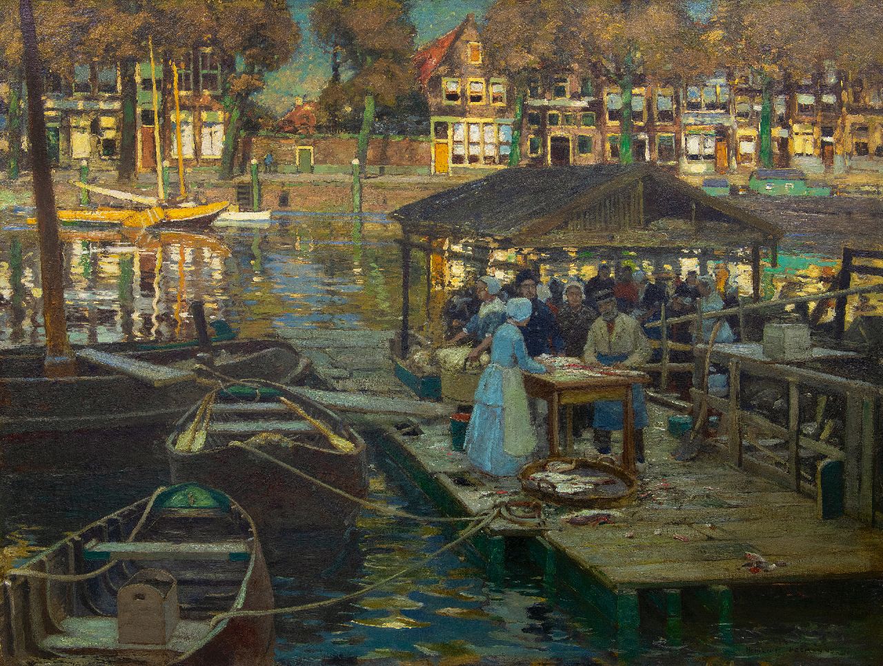 Hermanns H.  | Heinrich Hermanns, Anblick auf den Fischmarkt im Nieuwe Haven, Dordrecht, Öl auf Leinwand 100,5 x 131,6 cm, Unterzeichnet u.r.