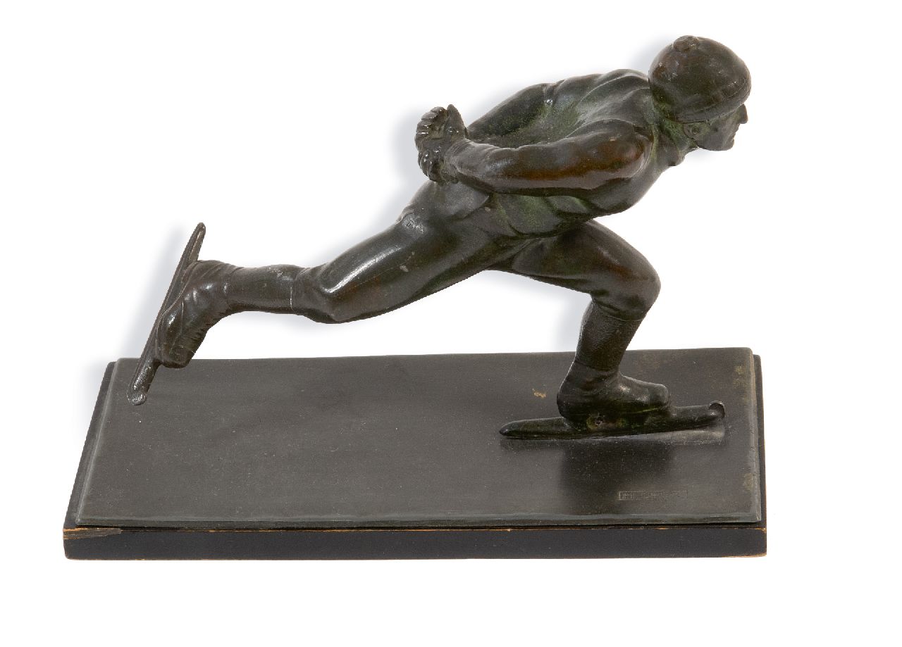 Uher H.  | Hugo Uher, Der Schlittschuhläufer, Bronze 14,5 x 19,5 cm, Unterzeichnet auf der Basis und zu datieren um 1930