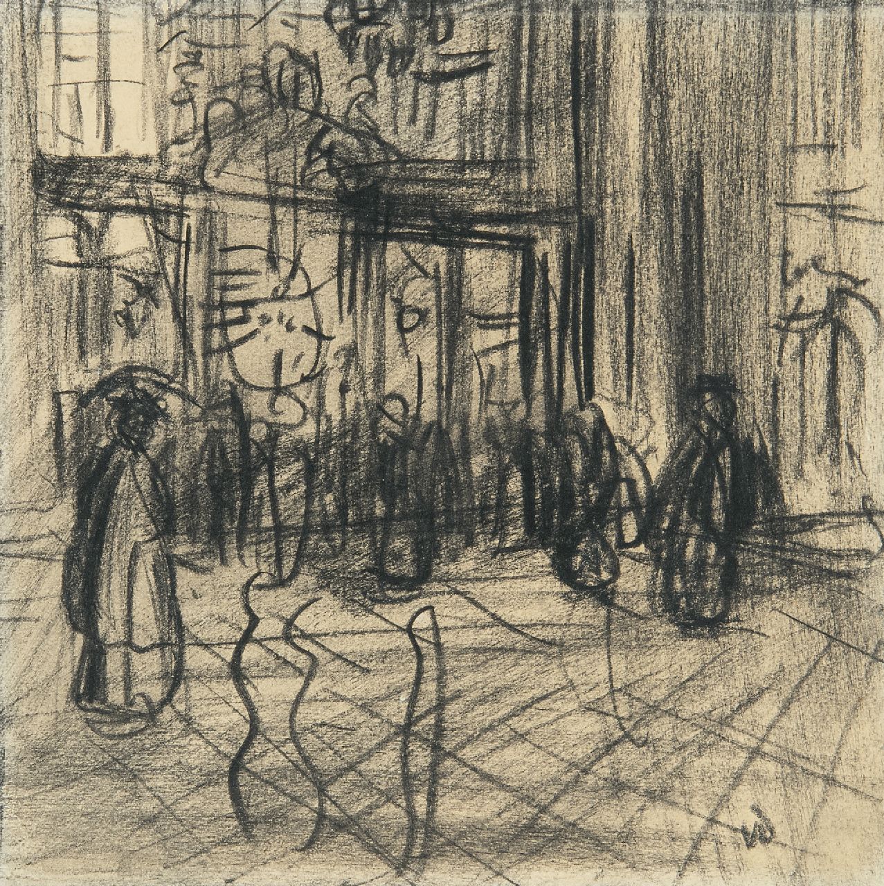 Dongen C.T.M. van | Cornelis Theodorus Maria 'Kees' van Dongen | Aquarelle und Zeichnungen zum Verkauf angeboten | Figuren in einer Einkaufsstraße, Holzkohle  auf Papier 12,4 x 12,4 cm, Unterzeichnet u.r. mit Initialen