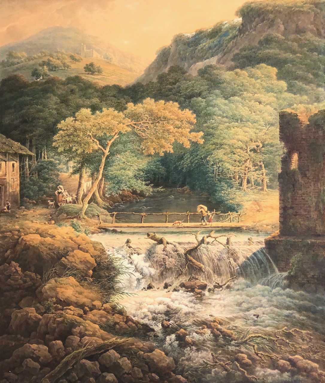 Nijmegen G. van | Gerard van Nijmegen | Aquarelle und Zeichnungen zum Verkauf angeboten | Berglandschaft mit Landleuten nahe einem Wasserfall, Aquarell auf Papier 75,3 x 64,2 cm