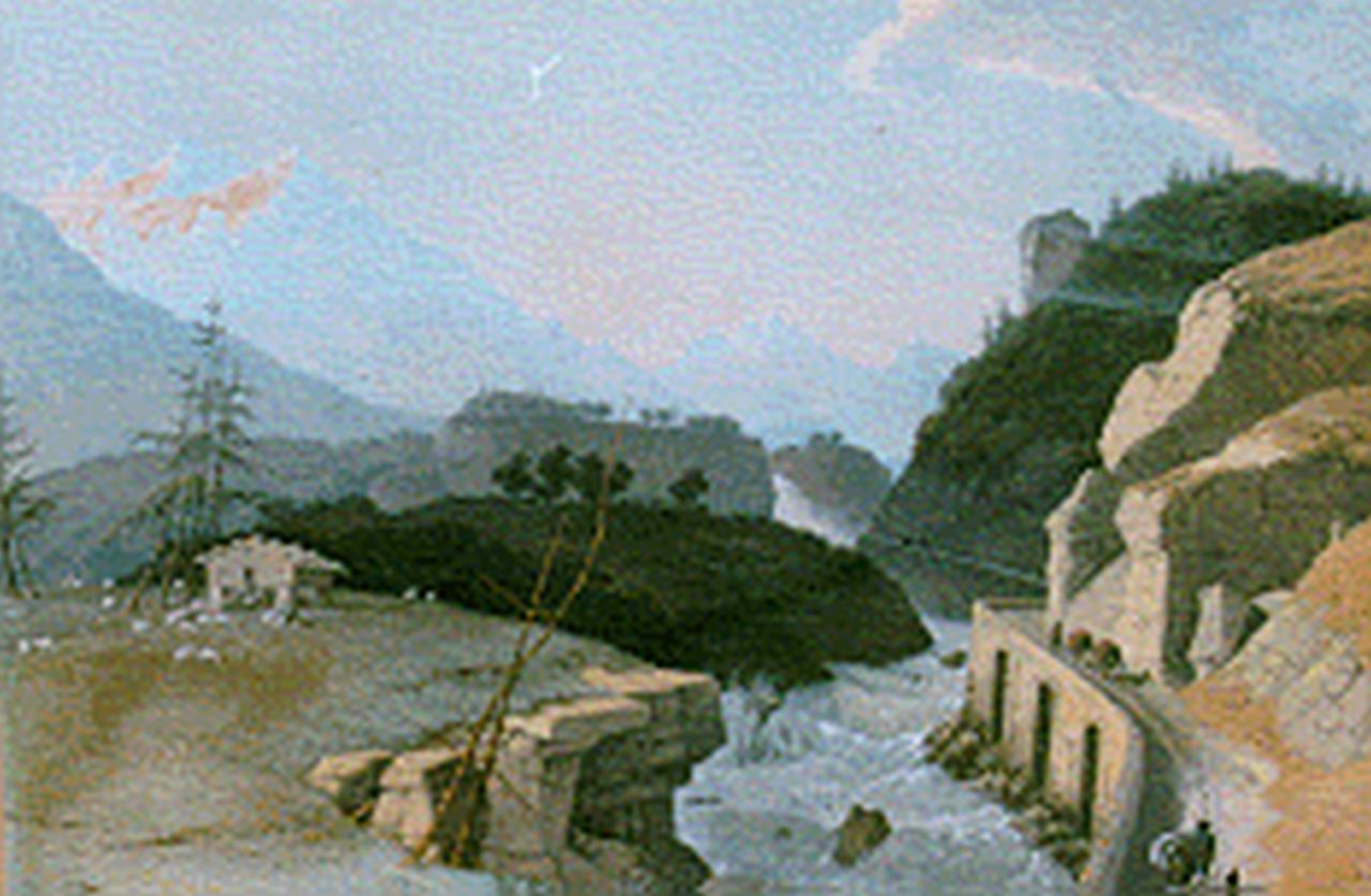 Knip J.A.  | Josephus Augustus Knip, Eerste brug naar den Simplon, Gouache auf Papier 43,0 x 58,2 cm, gesigneerd niet