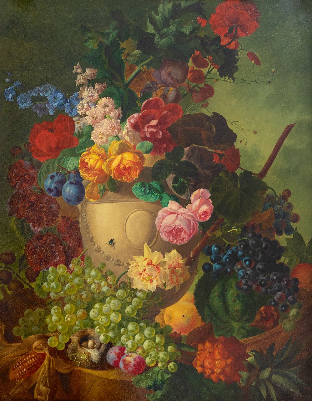 Os J. van | Jan van Os, Stilleben mit Blume, Früchte und Vogelnest auf einem Marmorsockel, Öl auf Leinwand 84,1 x 65,3 cm, Unterzeichnet u.l.
