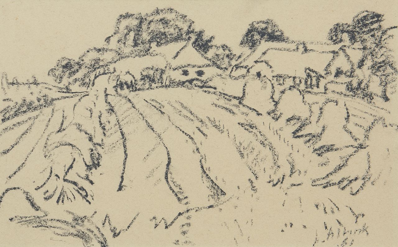 Altink J.  | Jan Altink, Ackerland mit Bauernhöfen, Schwarze Kreide auf Papier 31,1 x 48,3 cm, Unterzeichnet u.r. und datiert '61