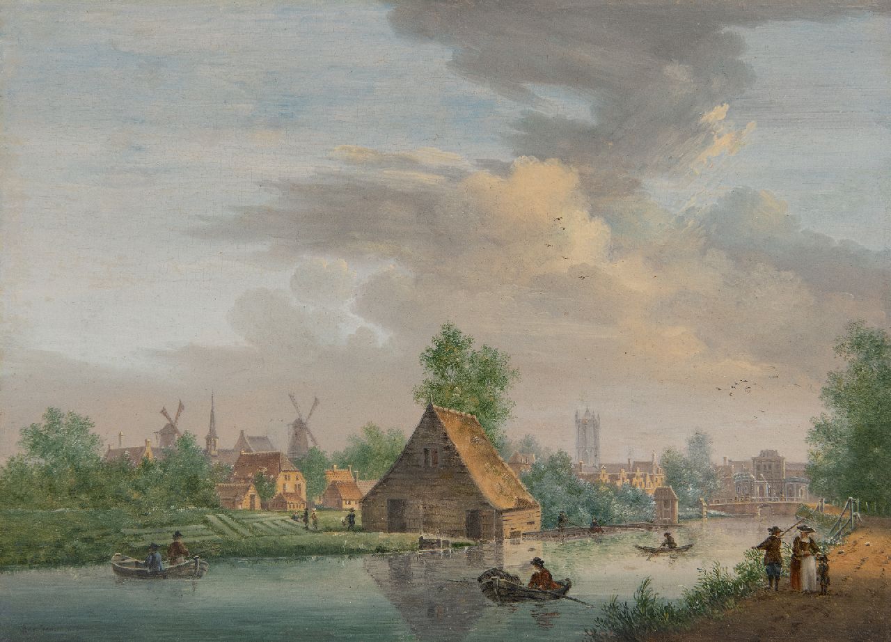 Liender P.J. van | Pieter Jan van Liender, Blick auf Utrecht von den Leidsche Vaart mit in der Ferne der Catharijnepoort, Öl auf Holz 21,0 x 29,0 cm, Unterzeichnet u.r.