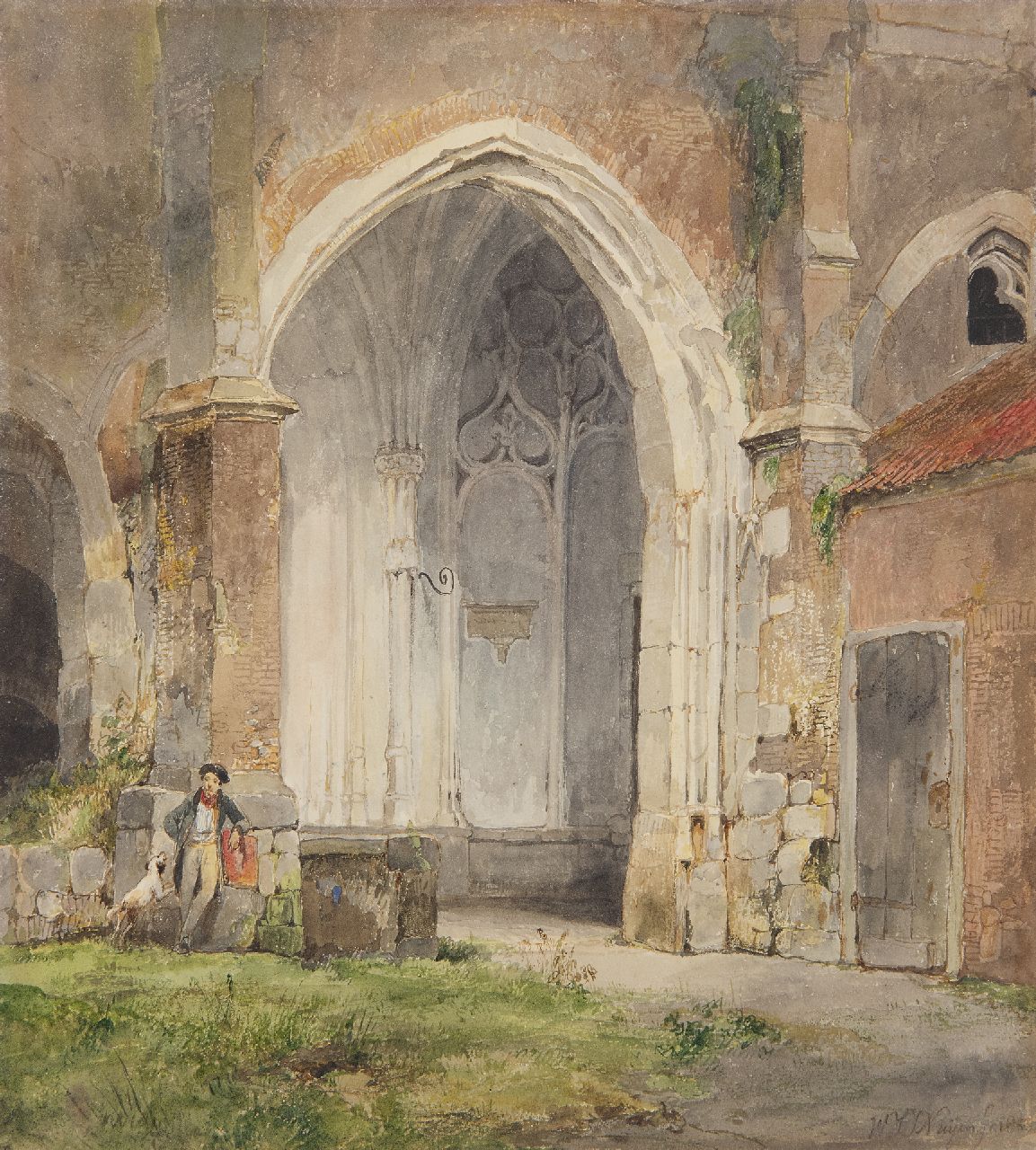 Nuijen W.J.J.  | Wijnandus Johannes Josephus 'Wijnand' Nuijen | Aquarelle und Zeichnungen zum Verkauf angeboten | Mann mit Hund im Kreuzgang der Dom von Utrecht, Aquarell auf Papier 26,5 x 23,6 cm, Unterzeichnet u.r. und datiert 1833