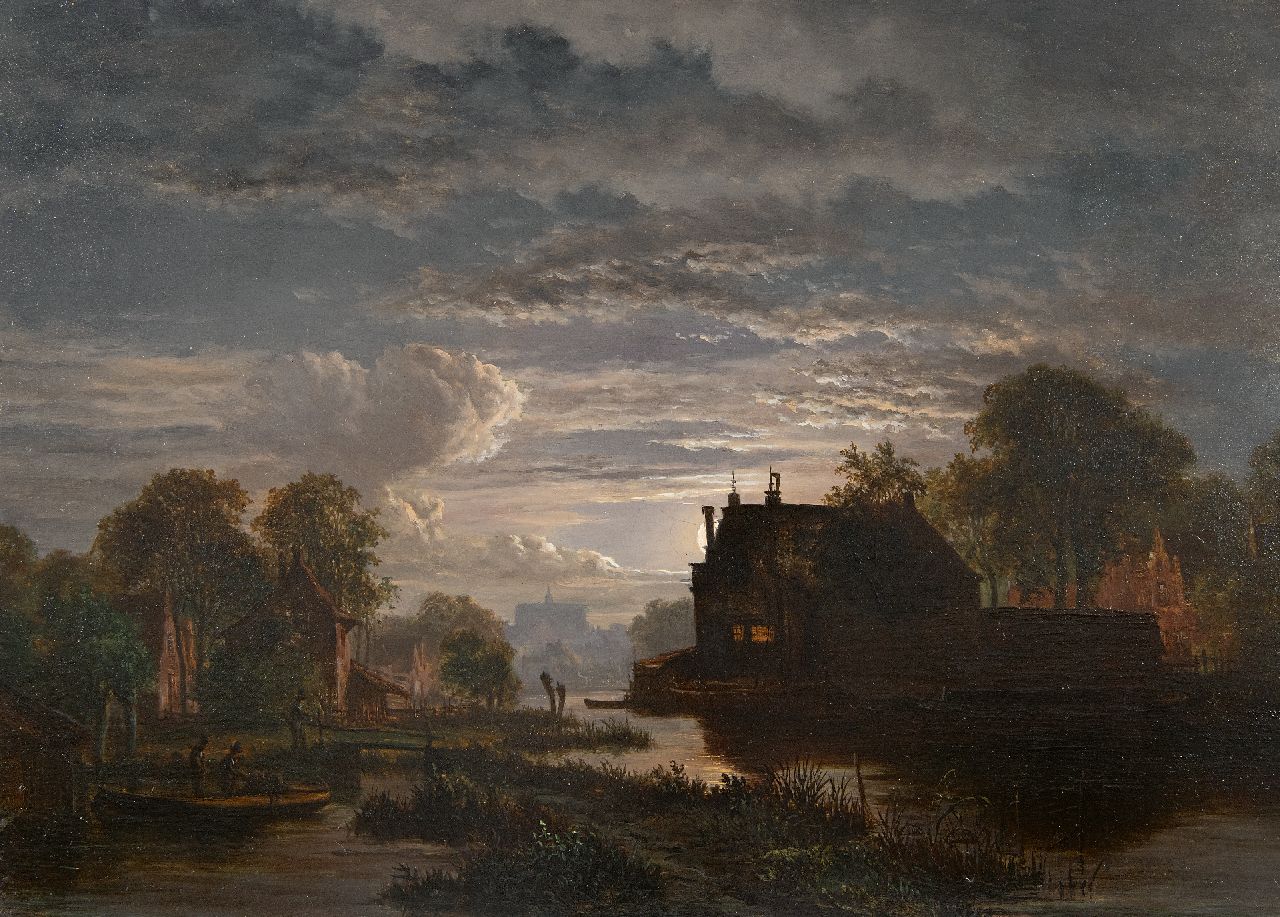 Abels J.Th.  | 'Jacobus' Theodorus Abels | Gemälde zum Verkauf angeboten | Mond beleuchtete Flusslandschaft an einer Stadt, Öl auf Holz 28,8 x 39,1 cm
