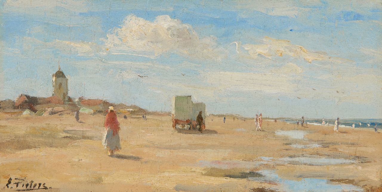 Pieters E.  | Evert Pieters, Sonniger Tag am Strand von Katwijk, Öl auf Holz 13,4 x 26,2 cm, Unterzeichnet u.l.