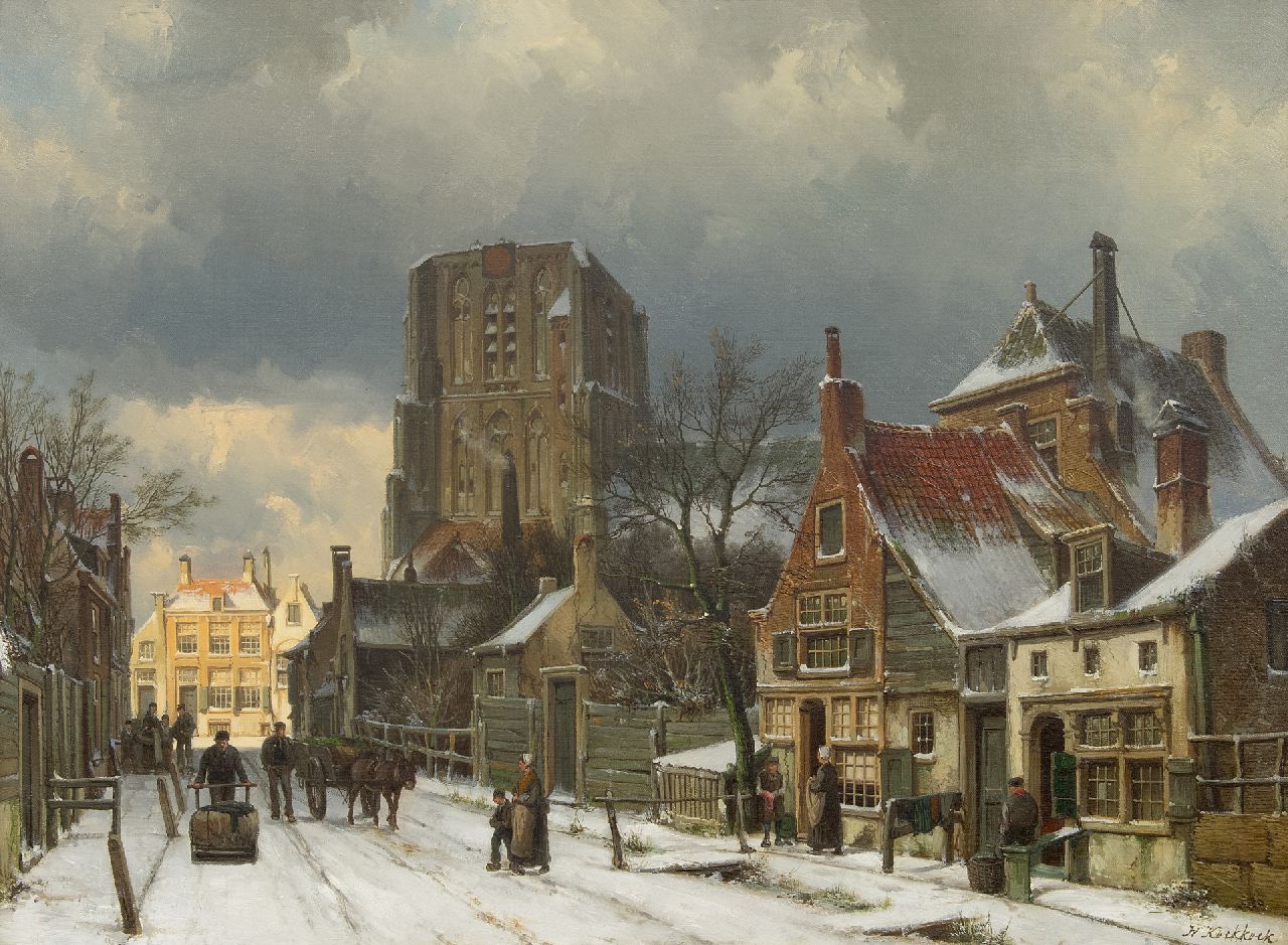 Koekkoek W.  | Willem Koekkoek, Phantasie-Ansicht der schneebekeckten Sint-Martinus Kirche in Woudrichem, Öl auf Leinwand 55,2 x 75,3 cm, Unterzeichnet u.r.