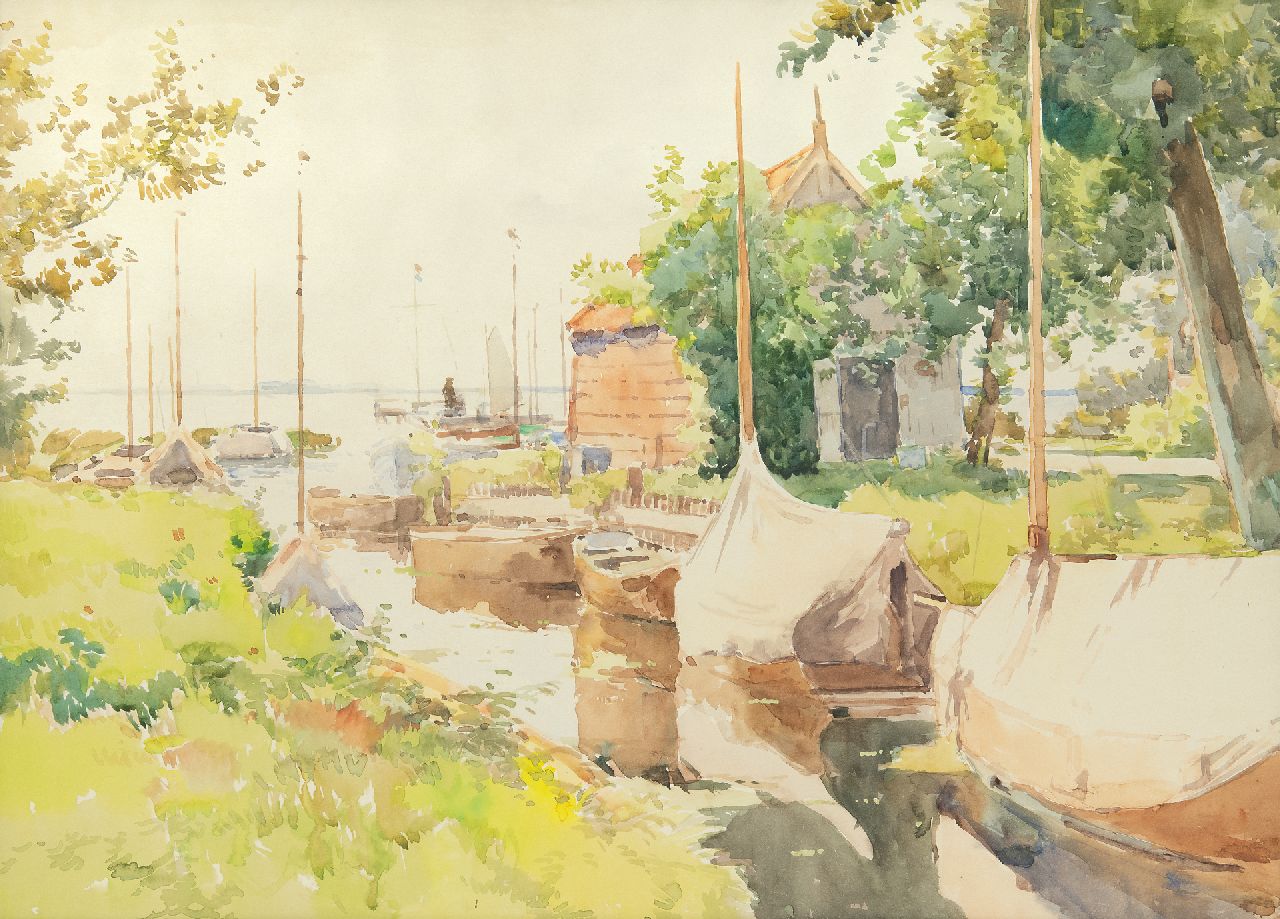 Vreedenburgh C.  | Cornelis Vreedenburgh, Kleiner Hafen an den Loosdrechtse Plassen, Aquarell auf Papier 43,8 x 59,0 cm