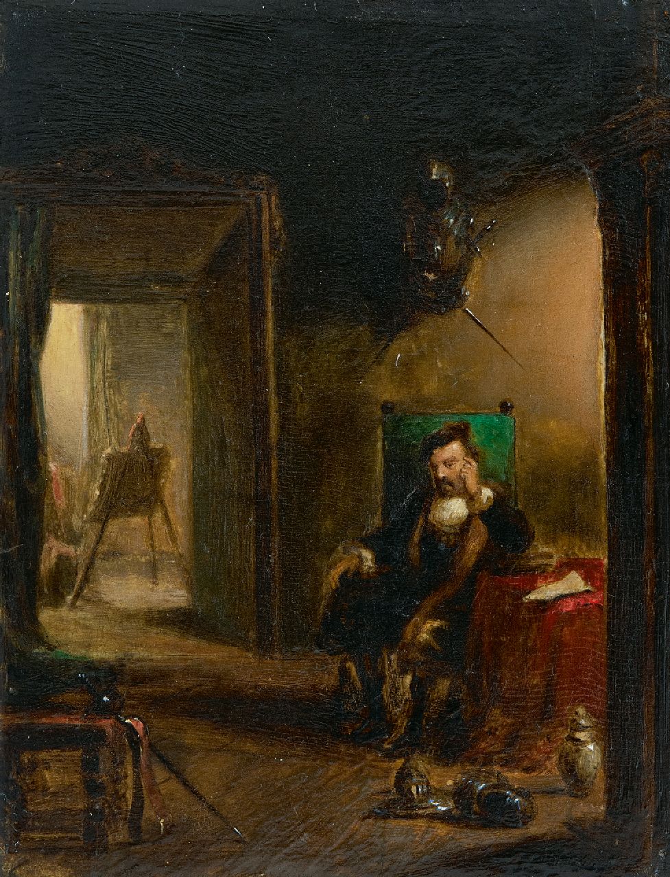 Scheeres H.J.  | Hendricus Johannes Scheeres | Gemälde zum Verkauf angeboten | Maler ruht in seinem Atelier, Öl auf Holz 17,9 x 13,7 cm