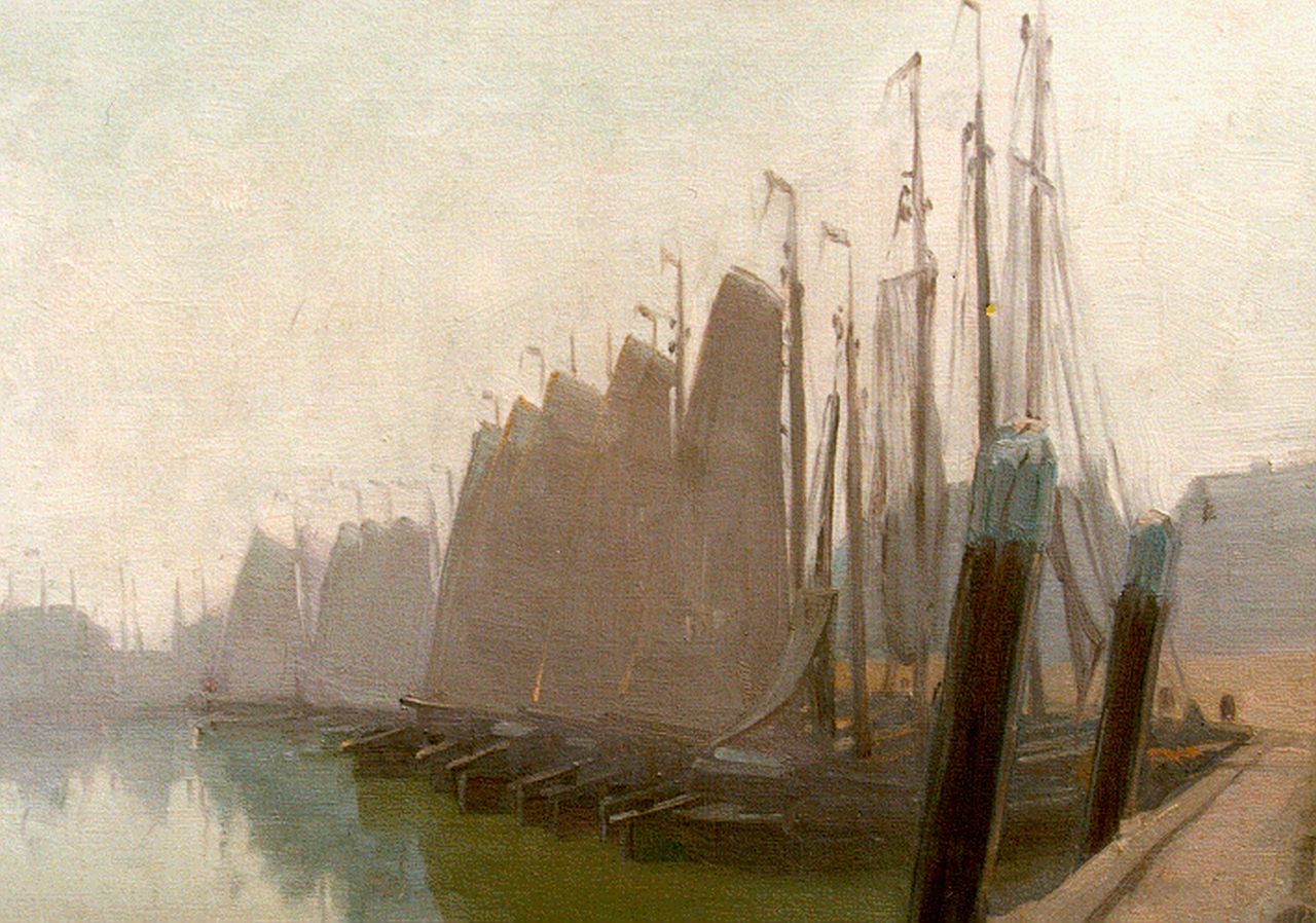 Breman A.J.  | Ahazueros Jacobus 'Co' Breman, Moored sailing vessels, Öl auf Leinwand 29,7 x 38,0 cm, signed l.r. with initials