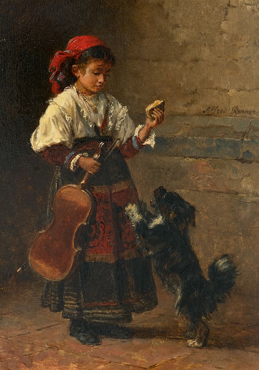 Ronner A.  | Alfred Ronner, Zigeunermädchen mit ihrem Hund, Öl auf Holz 24,7 x 17,7 cm, Unterzeichnet m.r.