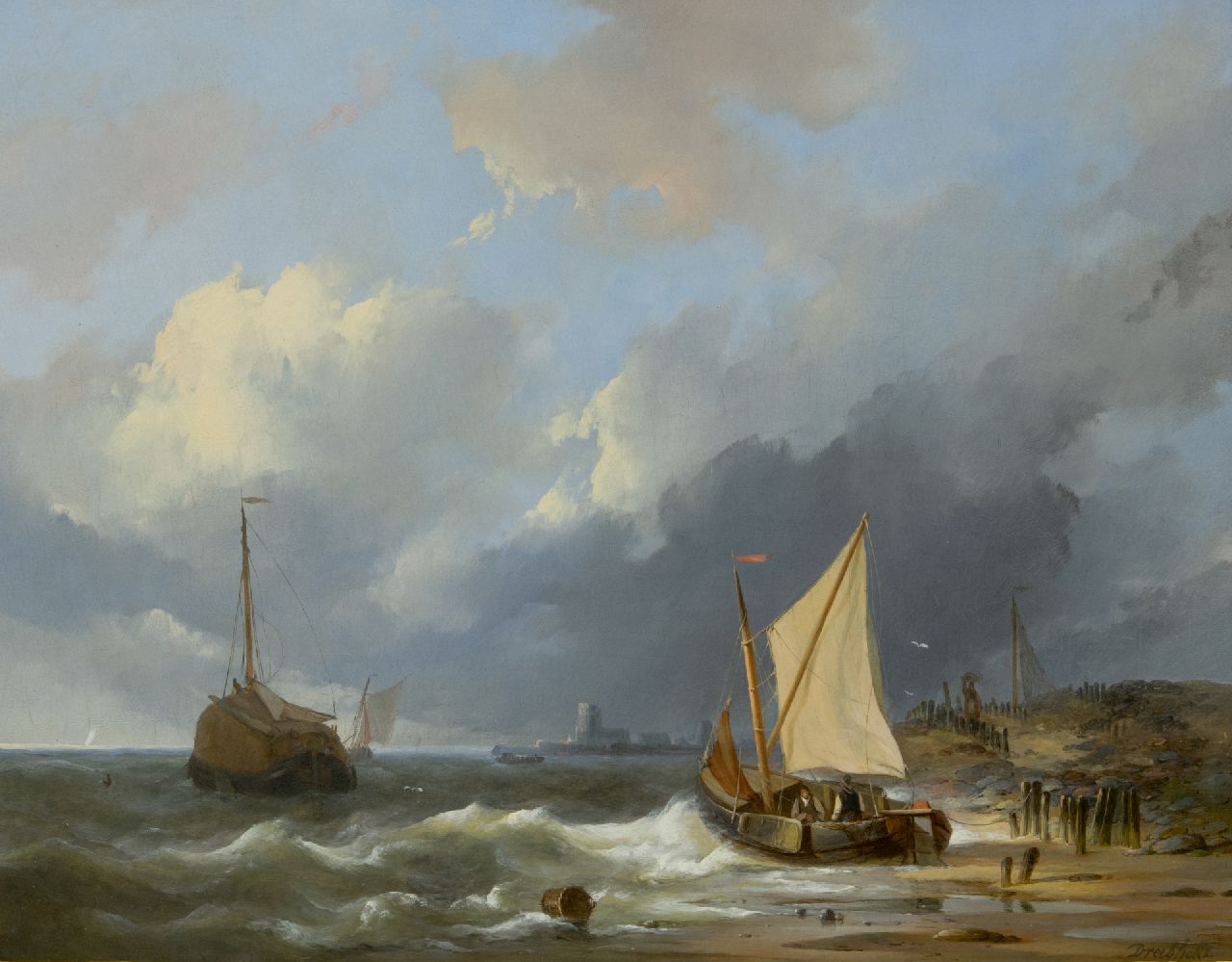 Dreibholtz C.L.W.  | Christiaan Lodewijk Willem Dreibholtz, Schiffe an der Küste der Zuiderzee, Öl auf Holz 41,2 x 52,8 cm, Unterzeichnet u.r.