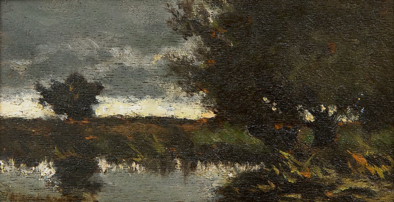 Weissenbruch H.J.  | Hendrik Johannes 'J.H.' Weissenbruch, Polderlandschaft bei regnerischem Wetter, Öl auf Holz 9,8 x 18,5 cm, Unterzeichnet u.l.