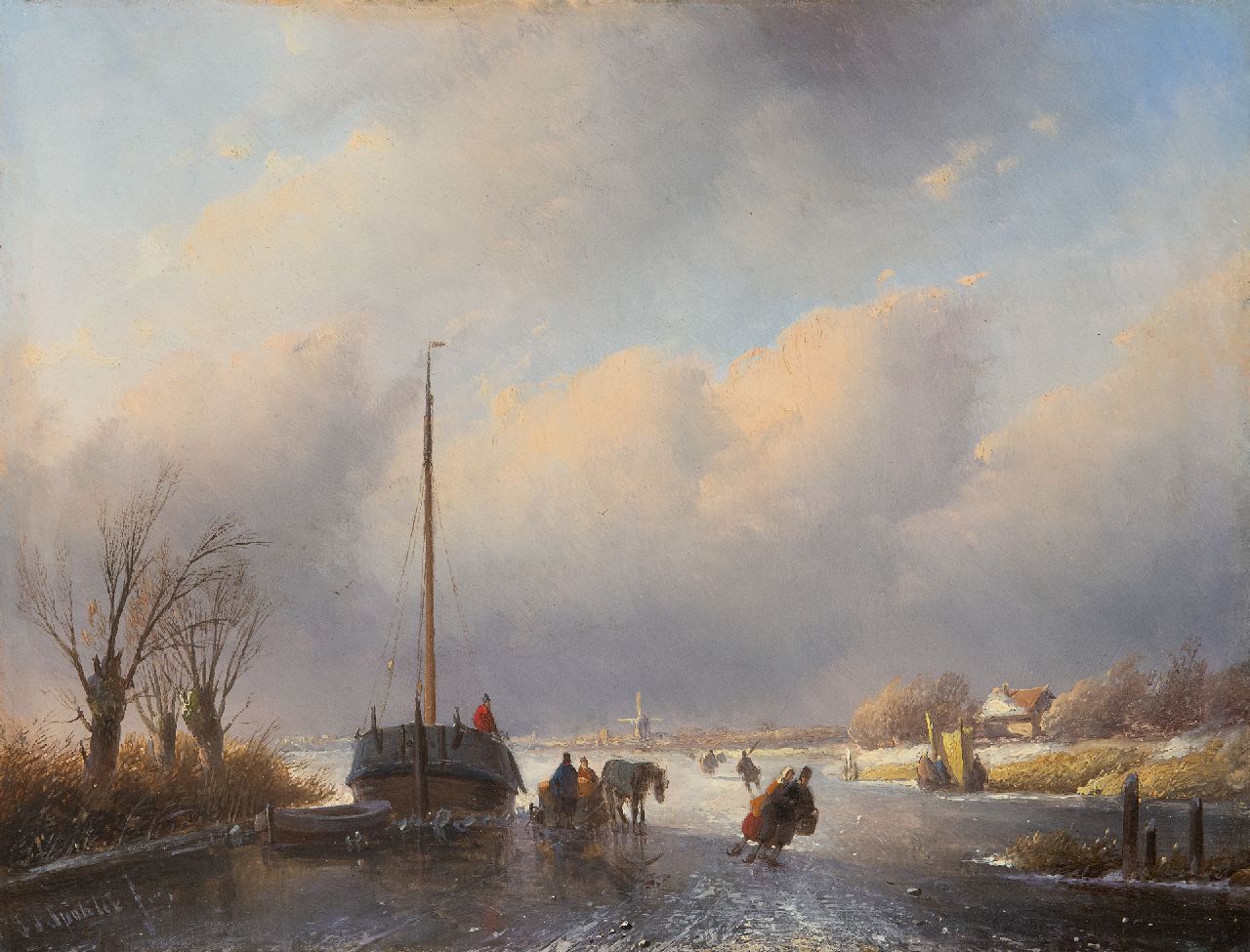 Spohler J.J.  | Jan Jacob Spohler, Winterliche Flusslandschaft mit Schlittschuhläufern und einem Pferdeschlitten, Öl auf Holz 25,5 x 33,4 cm, Unterzeichnet u.l.