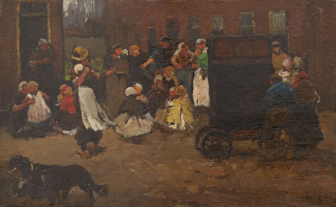 Zwart W.H.P.J. de | Wilhelmus Hendrikus Petrus Johannes 'Willem' de Zwart | Gemälde zum Verkauf angeboten | Tanzende Kinder bei der Drehorgel, Öl auf Holz 22,2 x 35,6 cm, Unterzeichnet u.r. und zu datieren um 1890