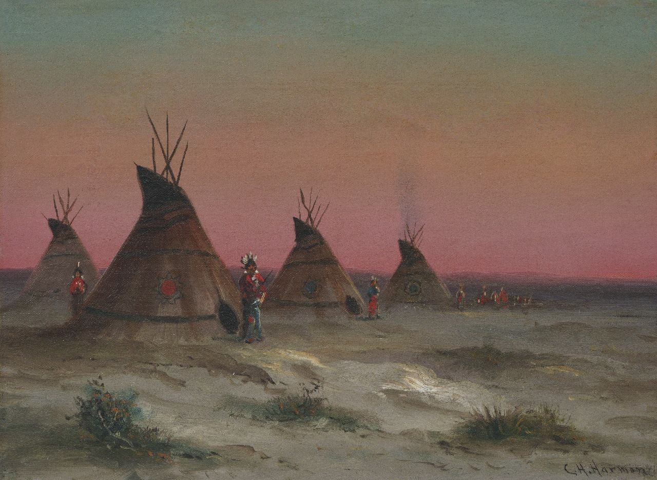 Harmon C.H.  | Charles Henry Harmon | Gemälde zum Verkauf angeboten | Landschaft mit Indianern, Öl auf Leinwand 23,0 x 30,8 cm, Unterzeichnet u.r.
