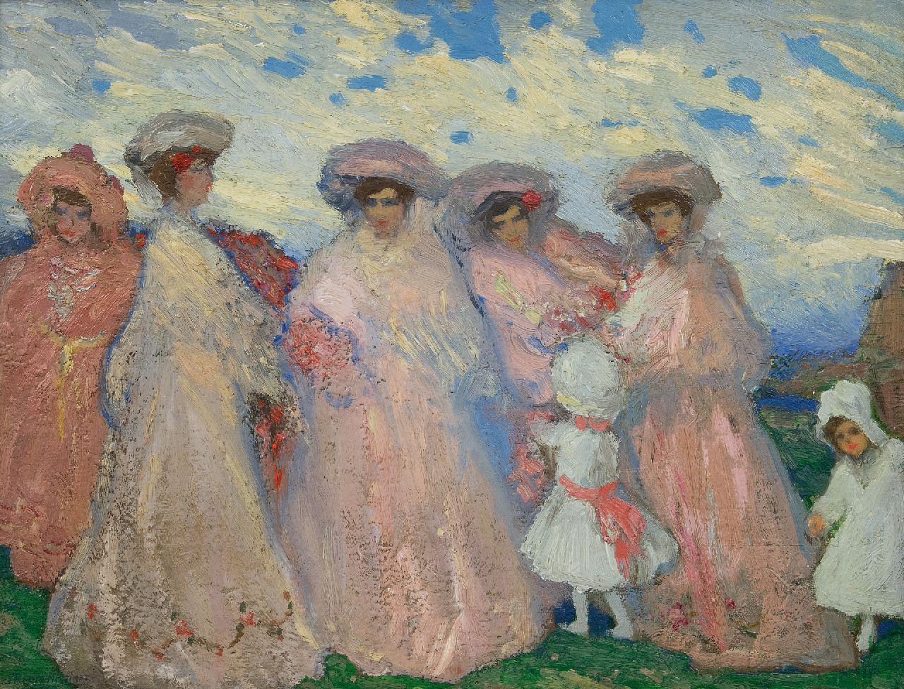 Ramos Martinez A.  | Alfredo Ramos Martinez | Gemälde zum Verkauf angeboten | Elegante Frauen in einer Landschaft, Öl auf Holz 41,5 x 52,5 cm, Unterzeichnet u.l. und zu datieren um 1905