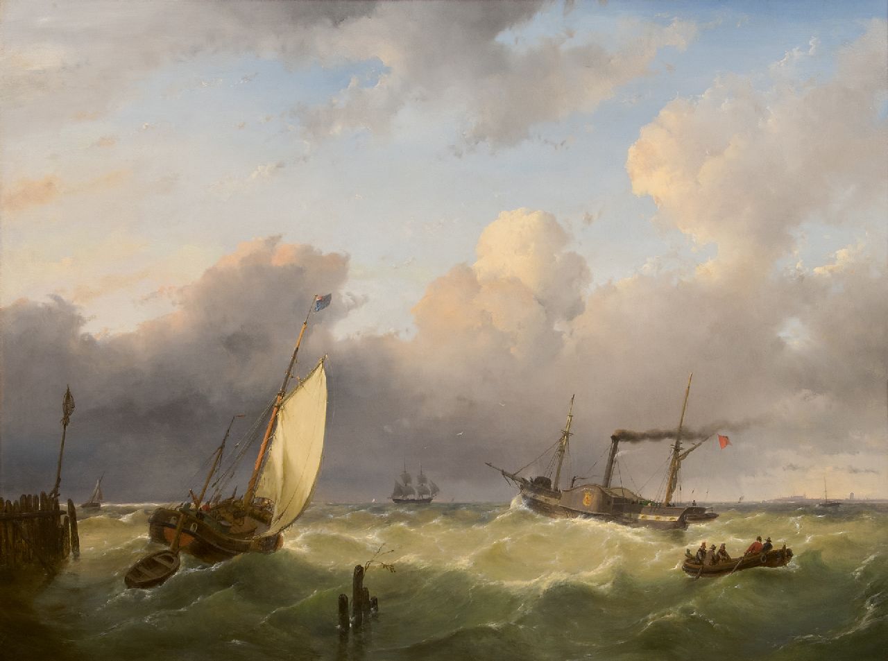 Schelfhout A.  | Andreas Schelfhout | Gemälde zum Verkauf angeboten | Segelschiff und ein Raddampfer auf den Wässern, Öl auf Holz 67,6 x 90,6 cm, Unterzeichnet u.l. und datiert 1845