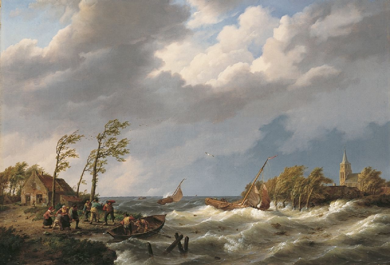 Koekkoek J.H.  | Johannes Hermanus Koekkoek, Heftiges Wetter an der Küste am Zuiderzee, Öl auf Leinwand 48,7 x 71,2 cm, Unterzeichnet l.u.