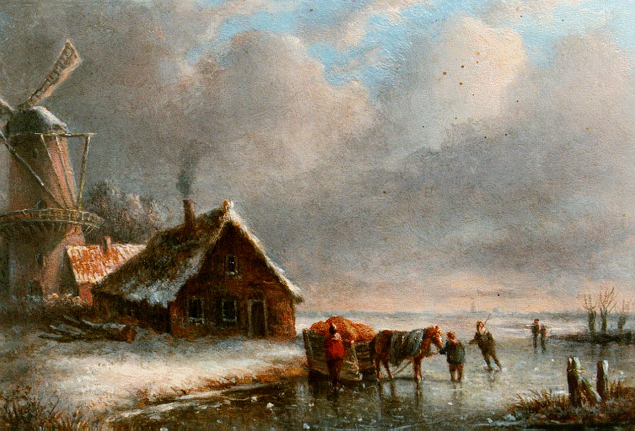 Slingerland A.C.  | Adrianus Cornelis Slingerland, A winter landscape with a horse-sledge, Öl auf Holz 12,6 x 17,6 cm, signed l.l. with initials