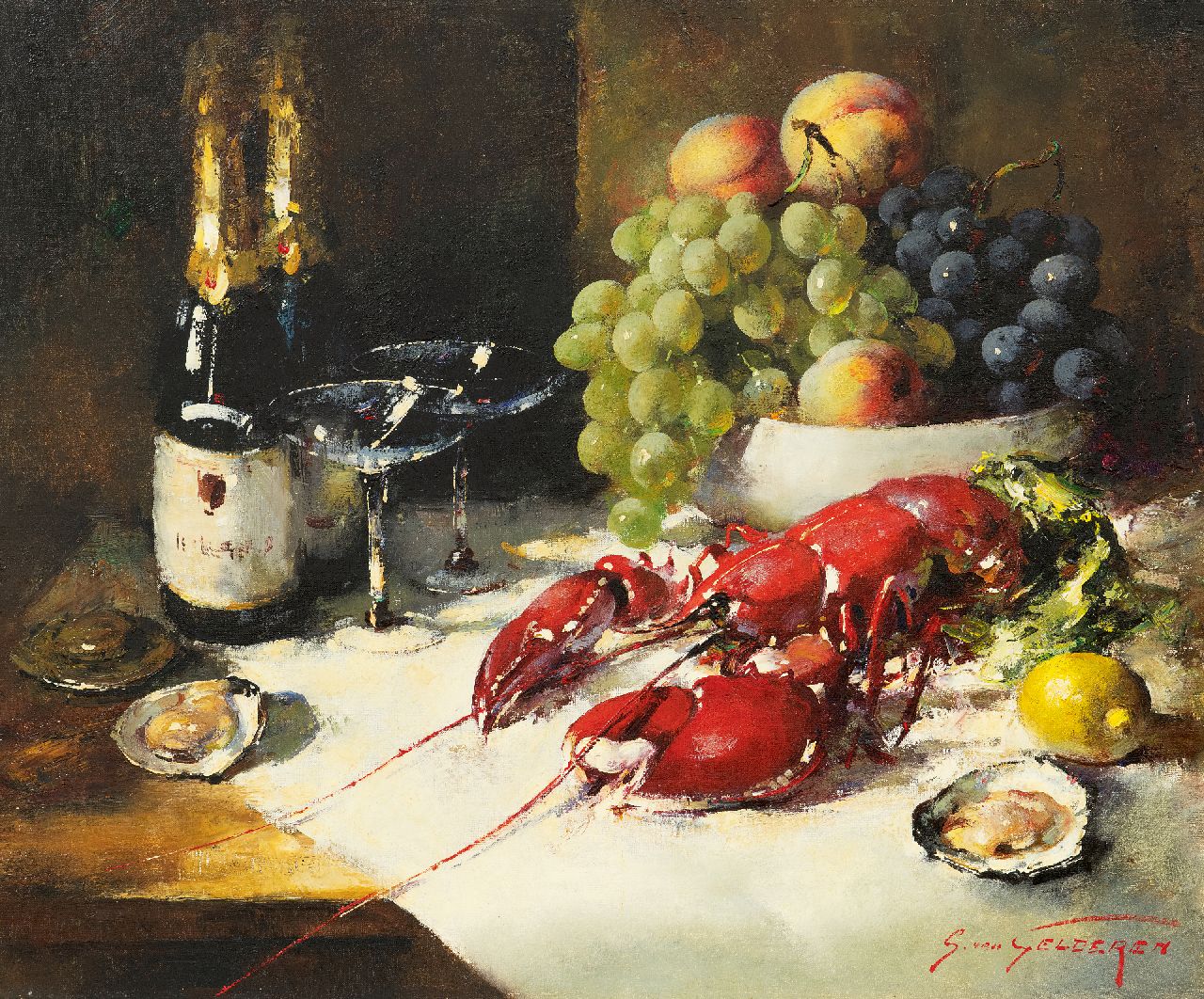 Gelderen S. van | Simon van Gelderen, Stilleben mit Champagner, Schalentieren und Früchten, Öl auf Leinwand 50,3 x 60,2 cm, Unterzeichnet u.r.