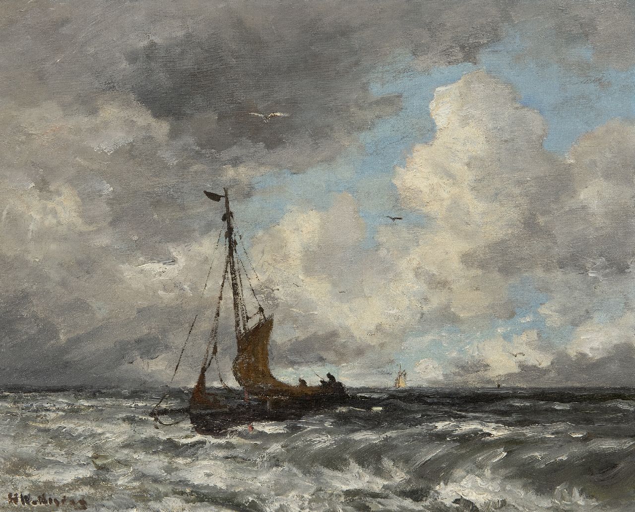 Mesdag H.W.  | Hendrik Willem Mesdag, Fischerboot auf der Nordsee, Öl auf Leinwand  auf Holzfaser 40,2 x 50,6 cm, Unterzeichnet u.l.