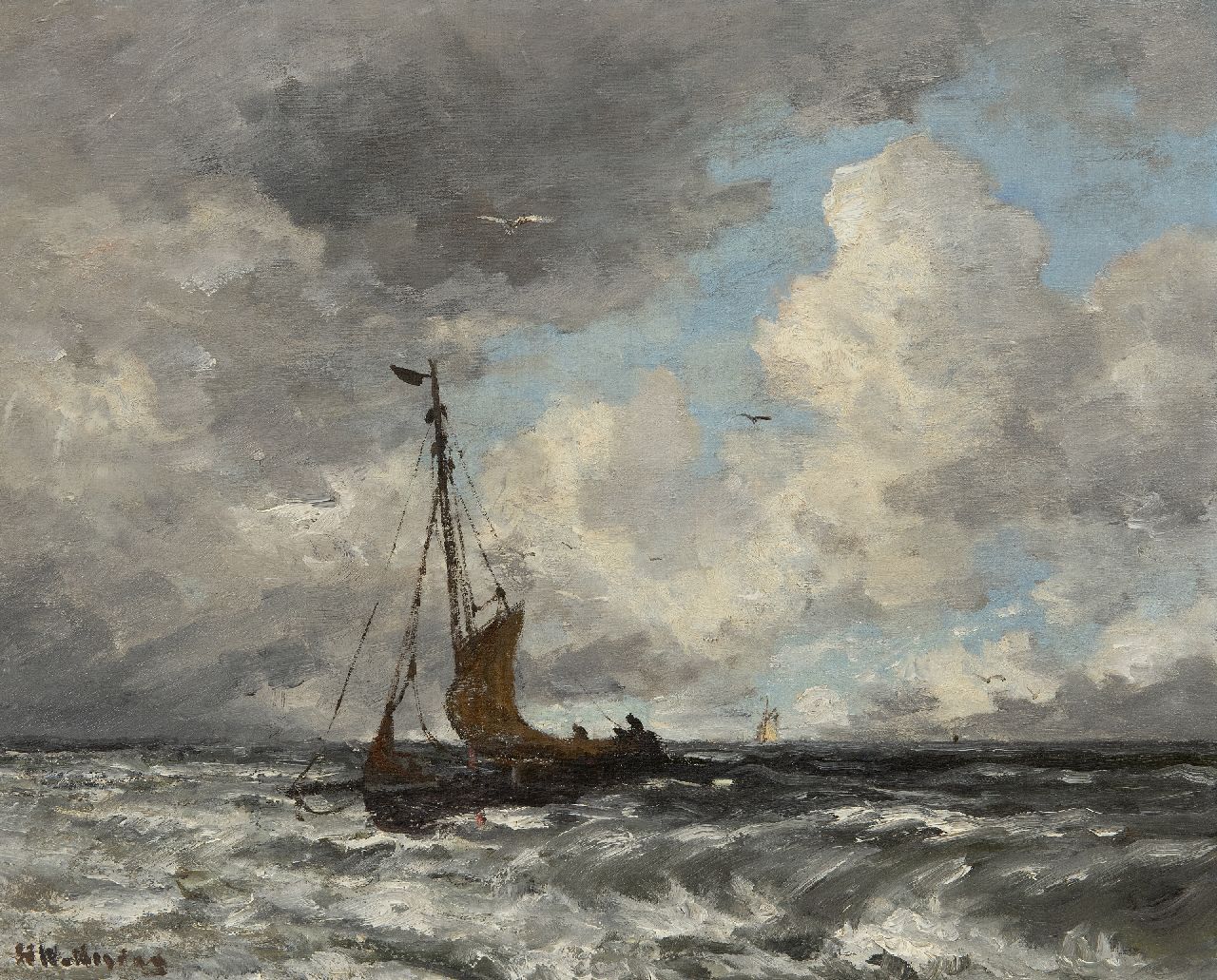 Mesdag H.W. | Hendrik Willem Mesdag, Fischerboot auf der Nordsee, Öl auf Leinwand auf Holzfaser 40,2 x 50,6 cm, Unterzeichnet u.l. Mesdag H.W. | Hendrik Willem Mesdag, Fischerboot auf der Nordsee, Öl auf Leinwand auf Holzfaser 40,2 x 50,6 cm, Unterzeichnet u.l.