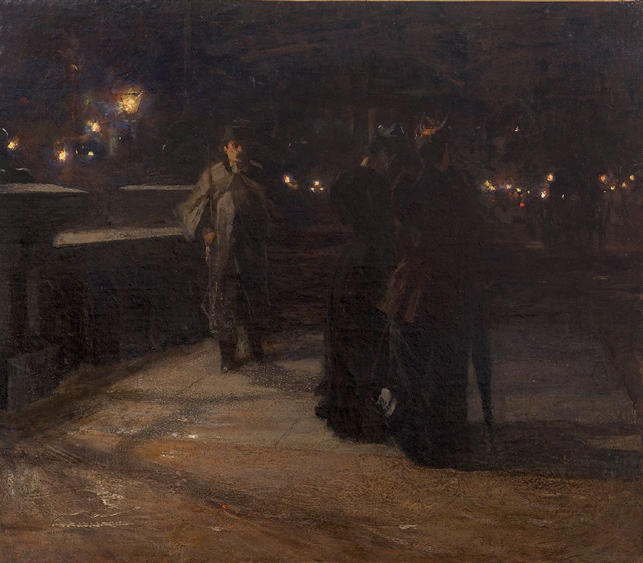 Arntzenius P.F.N.J.  | Pieter Florentius Nicolaas Jacobus 'Floris' Arntzenius, Der Maler trifft nachts zwei Damen, Öl auf Leinwand 70,2 x 79,7 cm, Unterzeichnet u.l.
