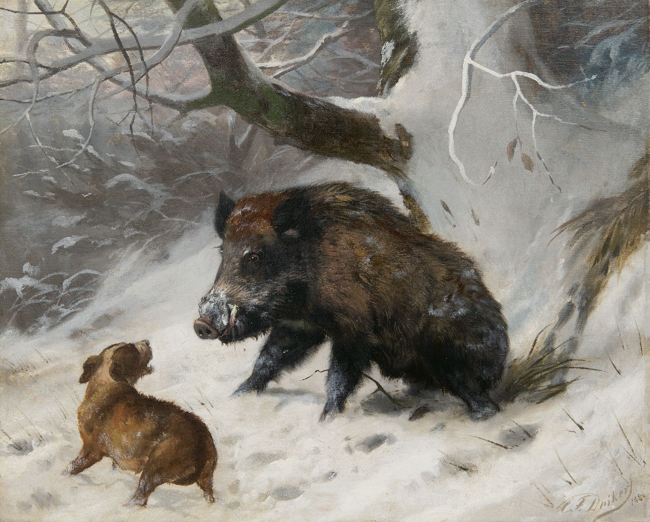 Deiker C.F.  | Carl Friedrich Deiker, Jagdhund der ein Wildschwein aufspürt, Öl auf Leinwand 40,2 x 49,8 cm, Unterzeichnet u.r. und datiert 1888