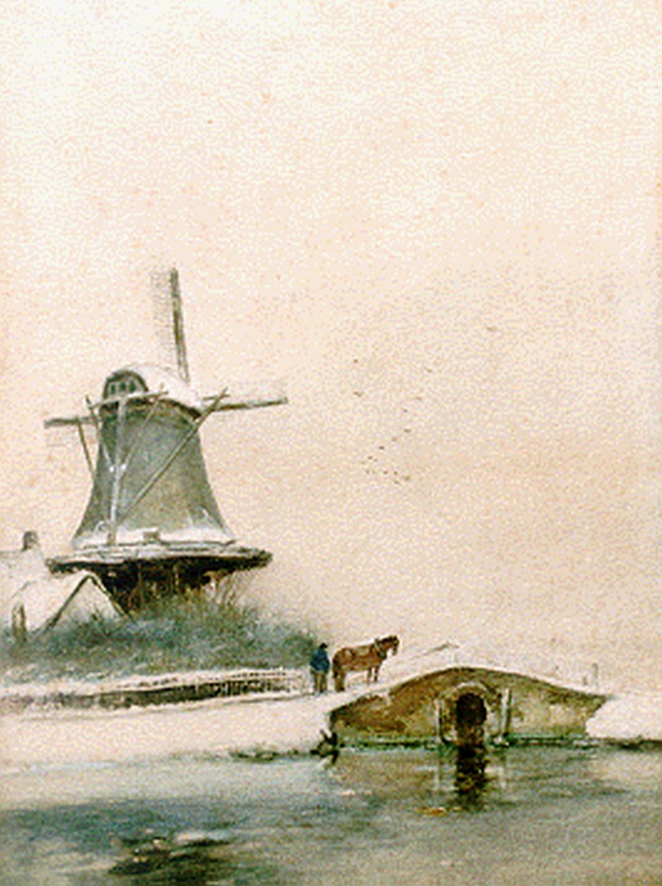 Apol L.F.H.  | Lodewijk Franciscus Hendrik 'Louis' Apol, A windmill in a snow-covered landscape, Aquarell auf Papier 36,1 x 27,1 cm, signed l.l.