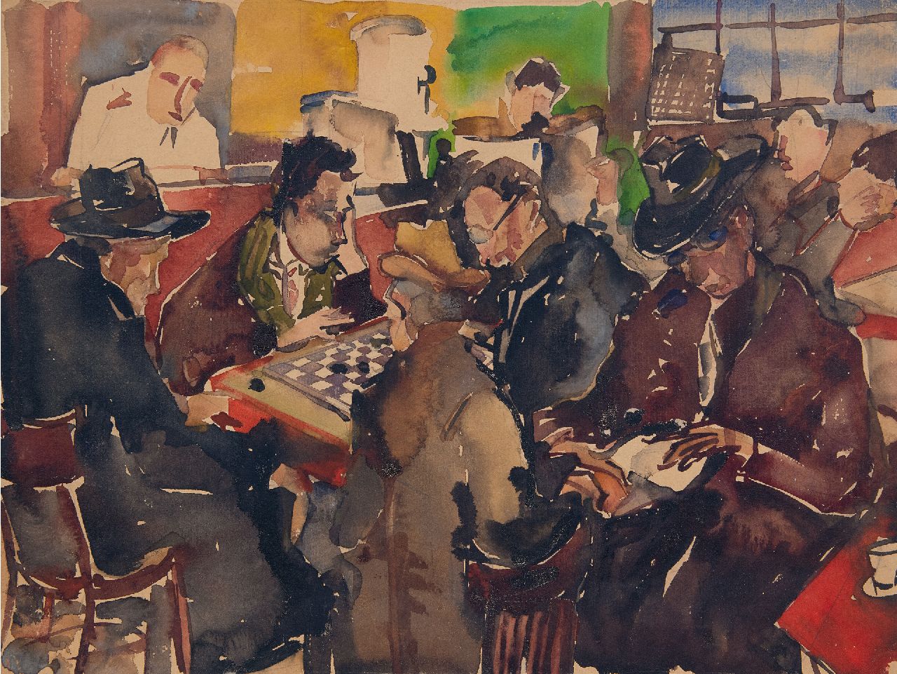 Ernest Albert | Dame spielen in der Kneipe, Aquarell auf Papier, 37,3 x 49,3 cm, ohne Rahmen