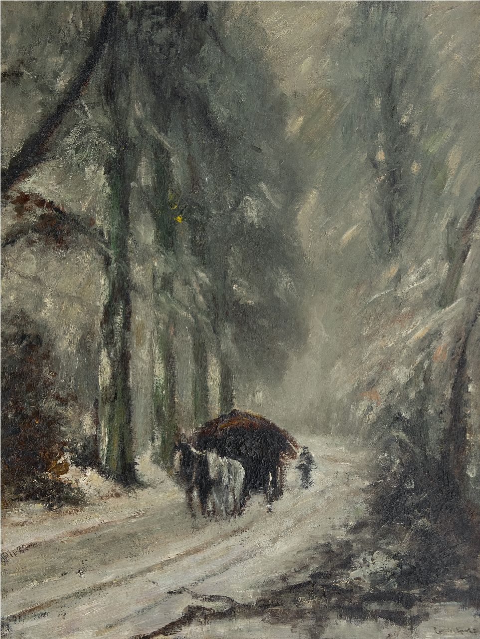 Apol L.F.H.  | Lodewijk Franciscus Hendrik 'Louis' Apol | Gemälde zum Verkauf angeboten | Nach dem Schneefall: Pferd und Wagen auf schneebedecktem Waldweg, Öl auf Leinwand 81,0 x 61,0 cm, Unterzeichnet l.u.