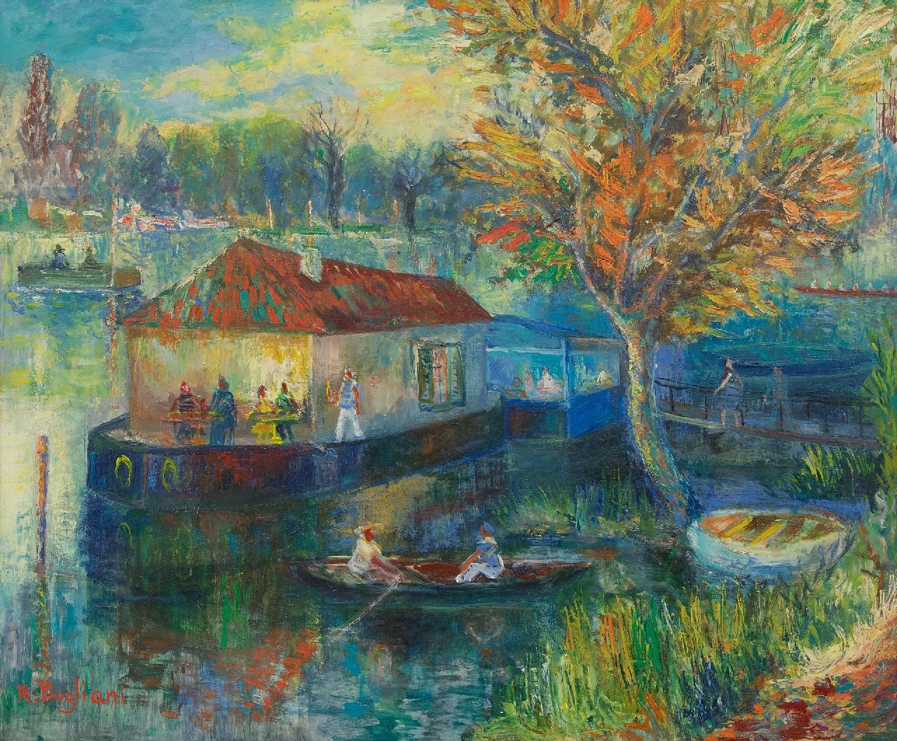 Robert Bogliani | Café auf den Fluss im Sommer, Öl auf Holzfaser, 50,0 x 61,0 cm, Unterzeichnet l.u.