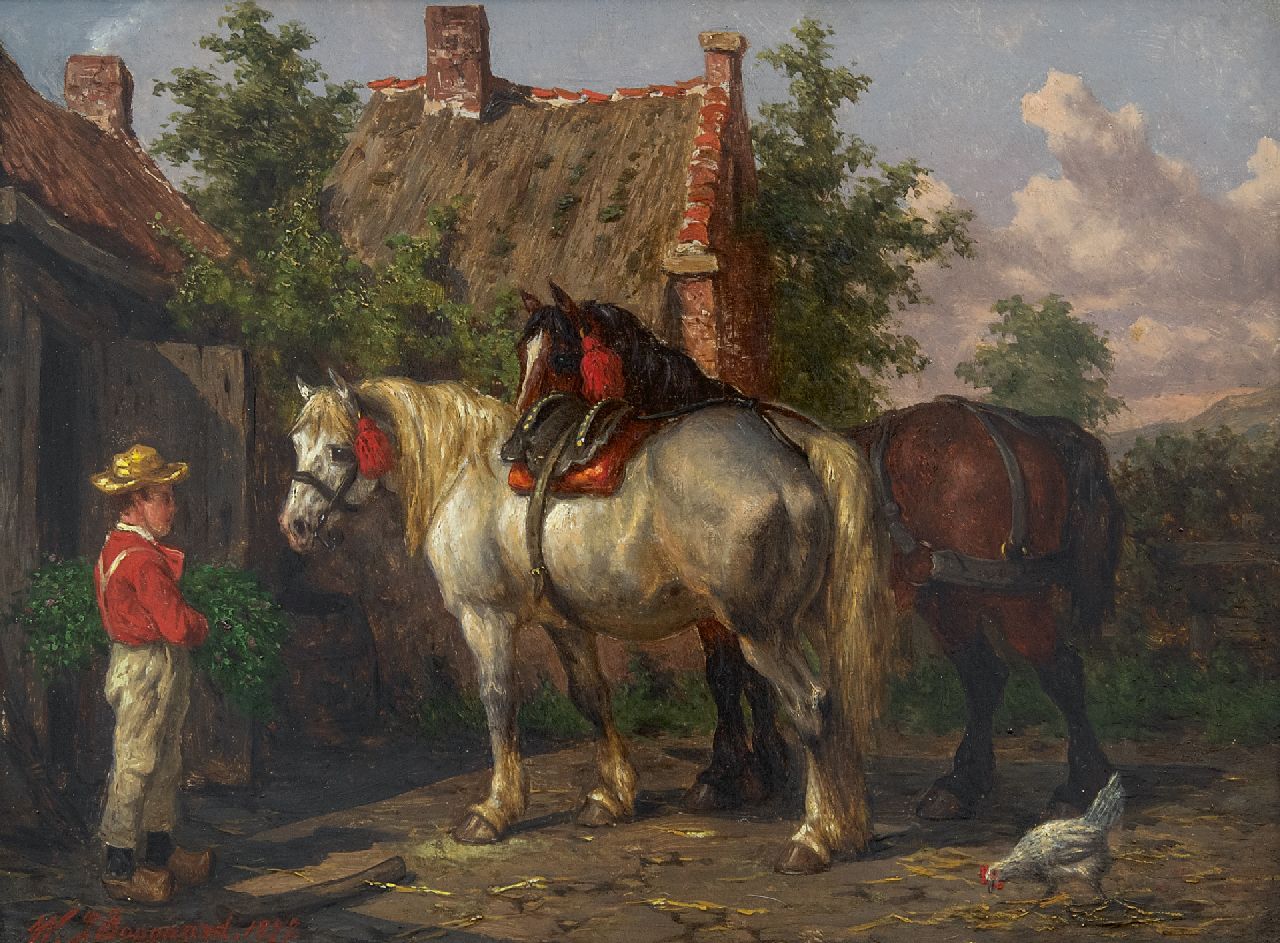 Boogaard W.J.  | Willem Johan Boogaard | Gemälde zum Verkauf angeboten | Pferde und Diener beim Stall, Öl auf Holz 20,0 x 27,2 cm, Unterzeichnet l.u. und datiert 1877