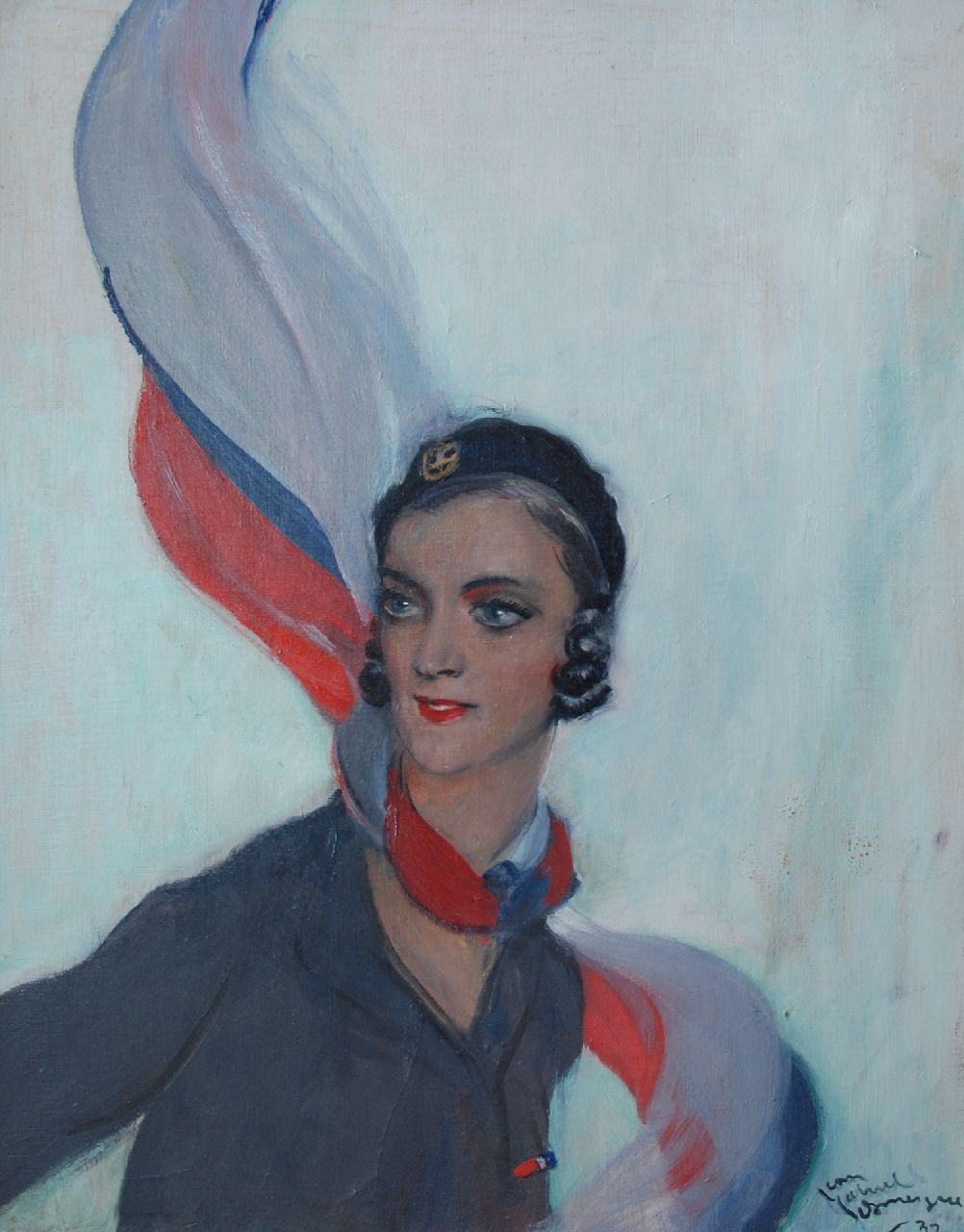 Domergue J.G.  | Jean-Gabriel Domergue | Gemälde zum Verkauf angeboten | Junge Frau mit farbigem Schal, Öl auf Leinwand 82,5 x 65,0 cm, Unterzeichnet r.u. und datiert '32