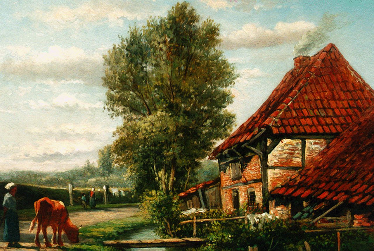 Hulk H.  | Hendrik Hulk, A farmer's wife on a yard, Öl auf Holz 24,2 x 32,2 cm, signed l.r.