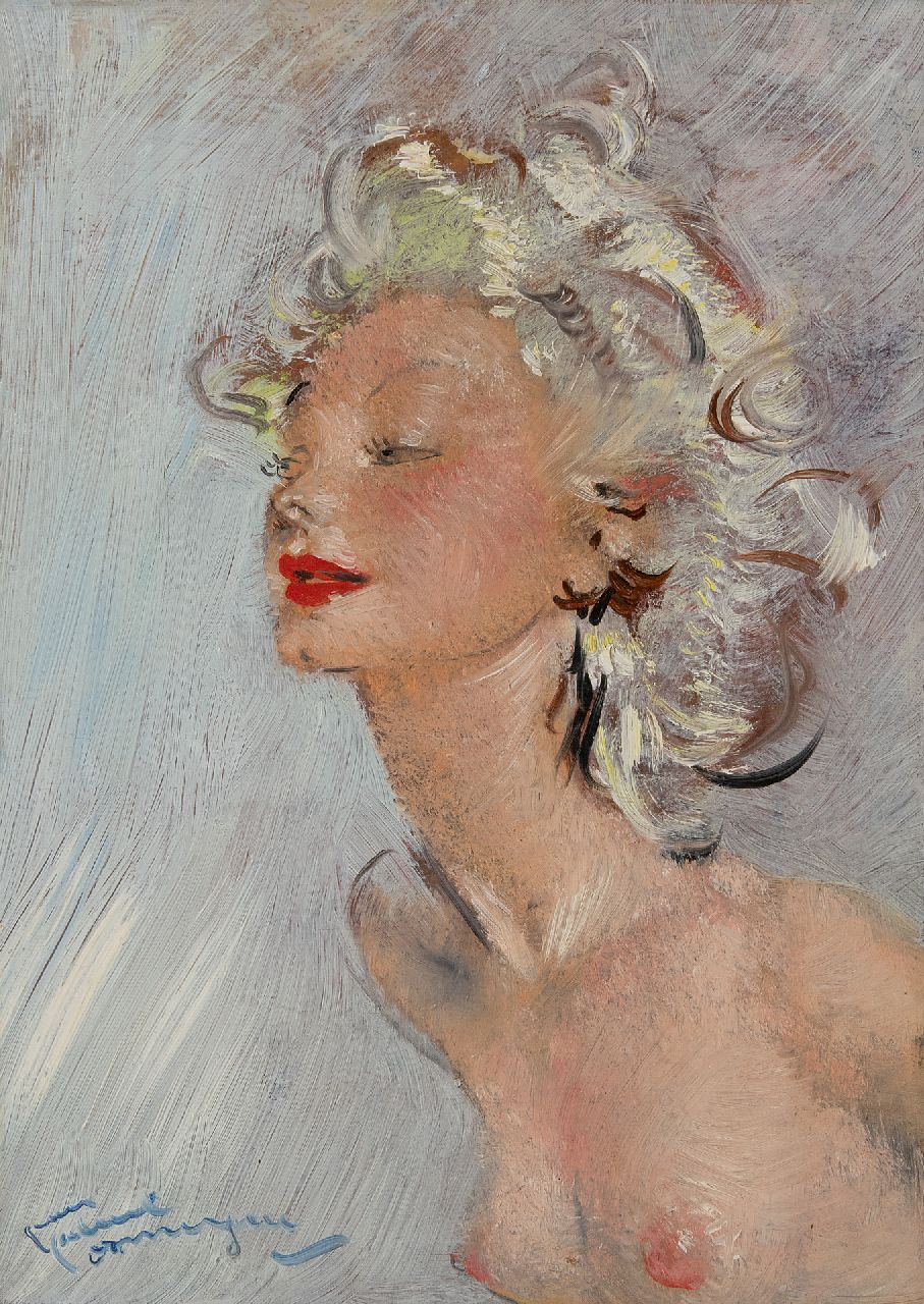 Domergue J.G.  | Jean-Gabriel Domergue | Gemälde zum Verkauf angeboten | La blonde, Öl auf Holzfaser 33,0 x 41,0 cm, Unterzeichnet l.u.