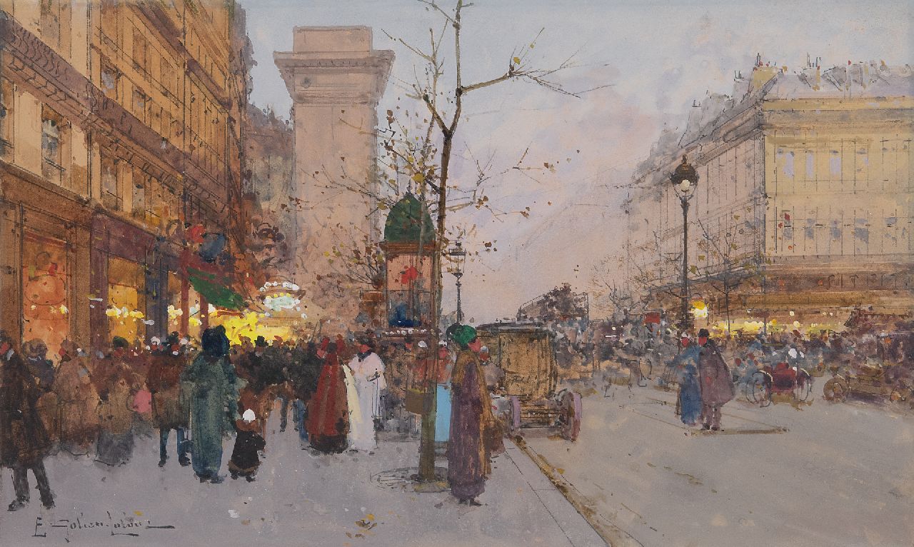 Galien-Laloue E.  | Eugène Galien-Laloue | Aquarelle und Zeichnungen zum Verkauf angeboten | Beim Porte Saint-Denis, Paris, pen and gouache on paper 21,0 x 32,7 cm, Unterzeichnet l.u.