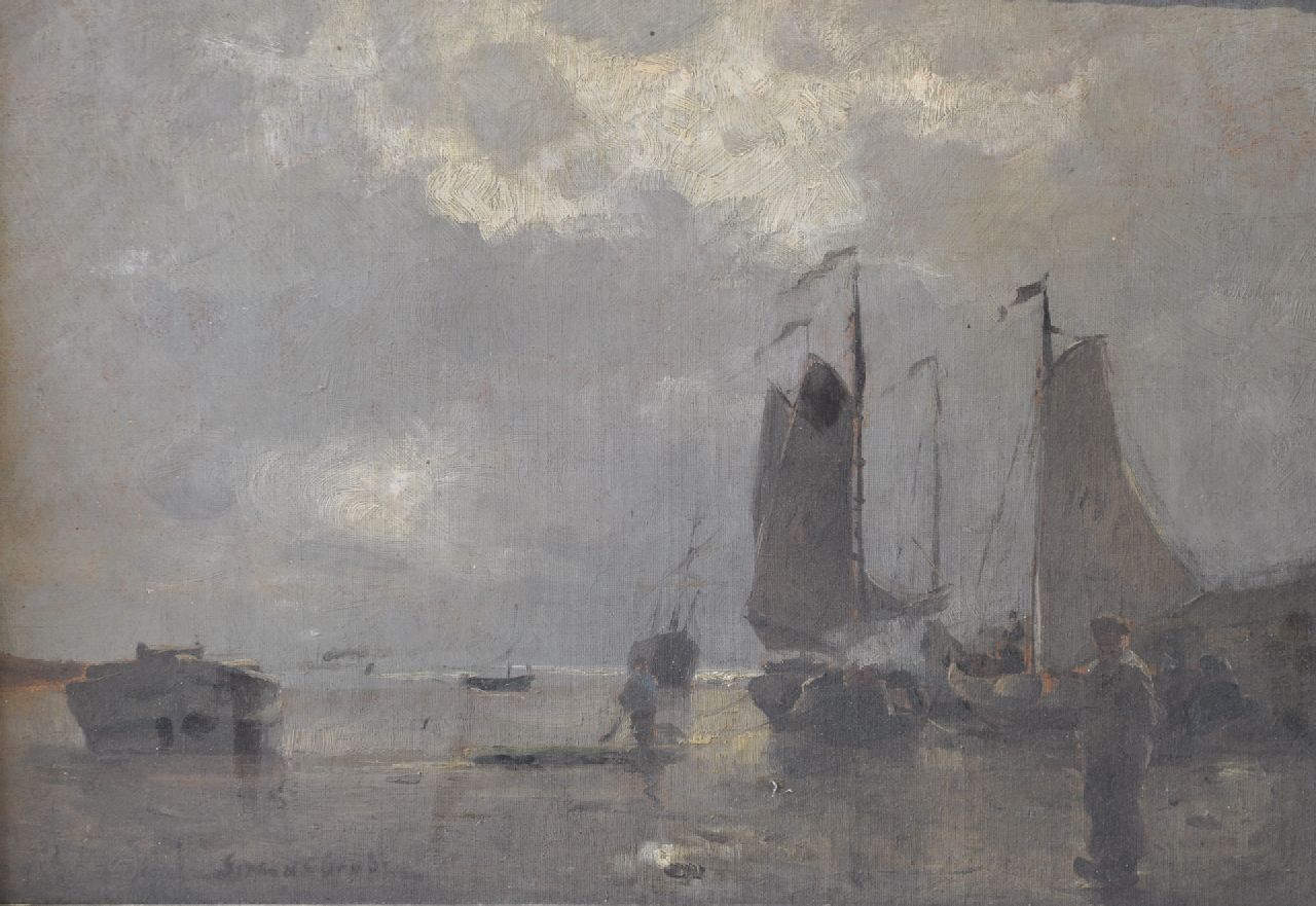 Grobe P.G.  | Philipp 'German' Grobe | Gemälde zum Verkauf angeboten | Fischerboote am Strand am Abend, Öl auf Holzfaser auf Holz 31,3 x 44,5 cm, Unterzeichnet l.u.