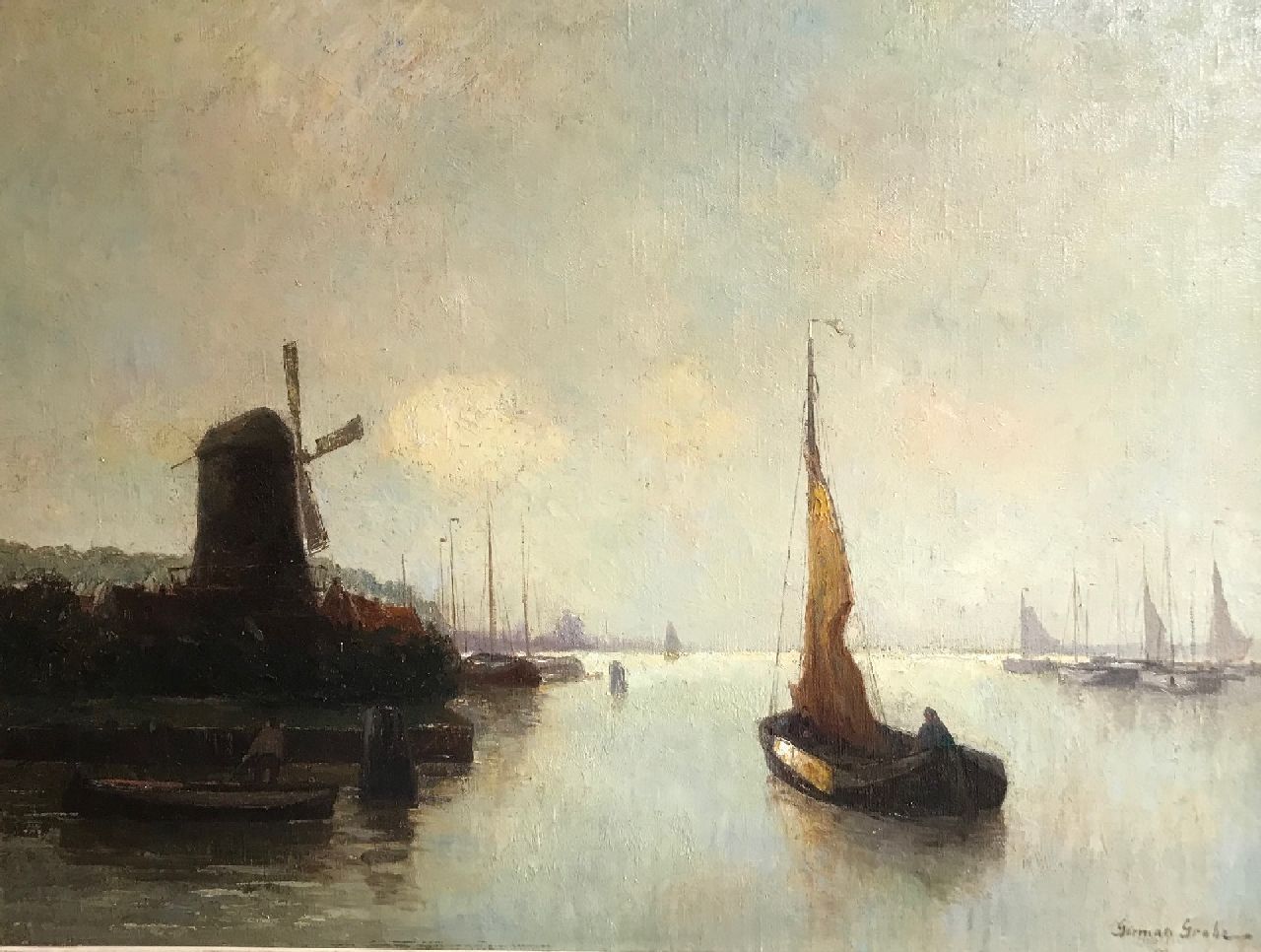 Grobe P.G.  | Philipp 'German' Grobe | Gemälde zum Verkauf angeboten | Mühle am Rande der Stadt mit Hafen und Segelboot, Öl auf Leinwand 60,0 x 80,5 cm, Unterzeichnet r.u.