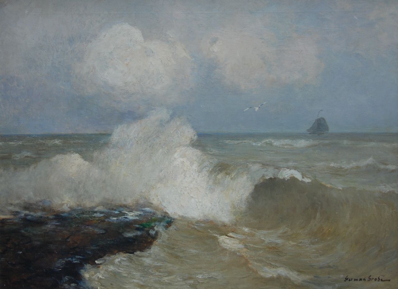 Grobe P.G.  | Philipp 'German' Grobe | Gemälde zum Verkauf angeboten | Plätschernde Wellen am uitwatering bei Katwijk aan Zee, Öl auf Leinwand 60,5 x 80,5 cm, Unterzeichnet l.u.