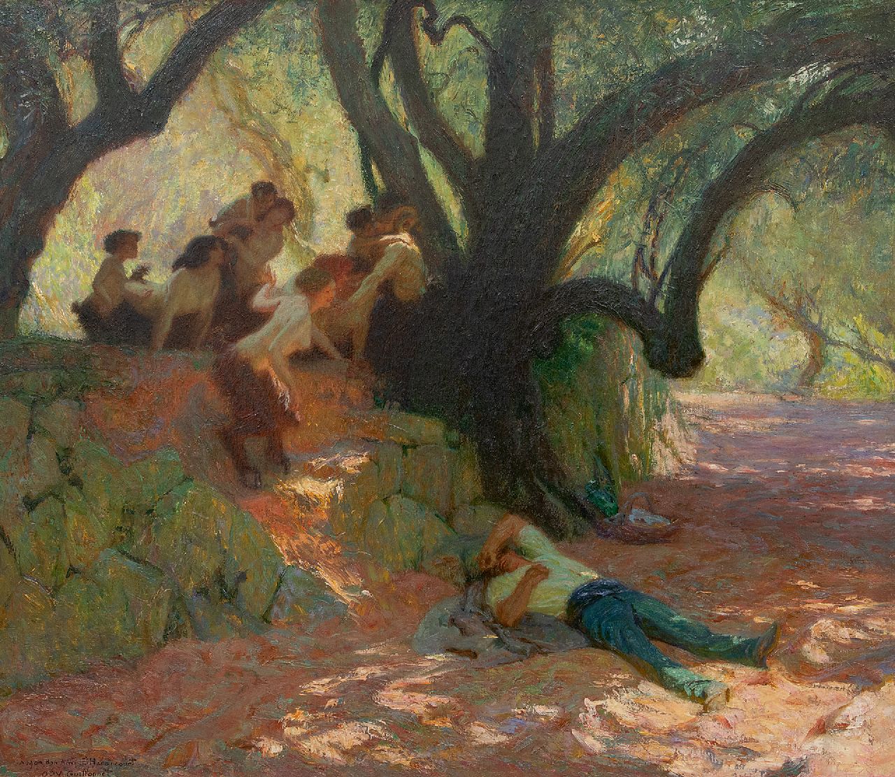 Guillonnet O.D.V.  | Octave Denis Victor Guillonnet | Gemälde zum Verkauf angeboten | Rêve à l'ombre des noyers, Provence (La rencontre de l'Homme), Öl auf Leinwand 77,4 x 86,0 cm, Unterzeichnet l.u.